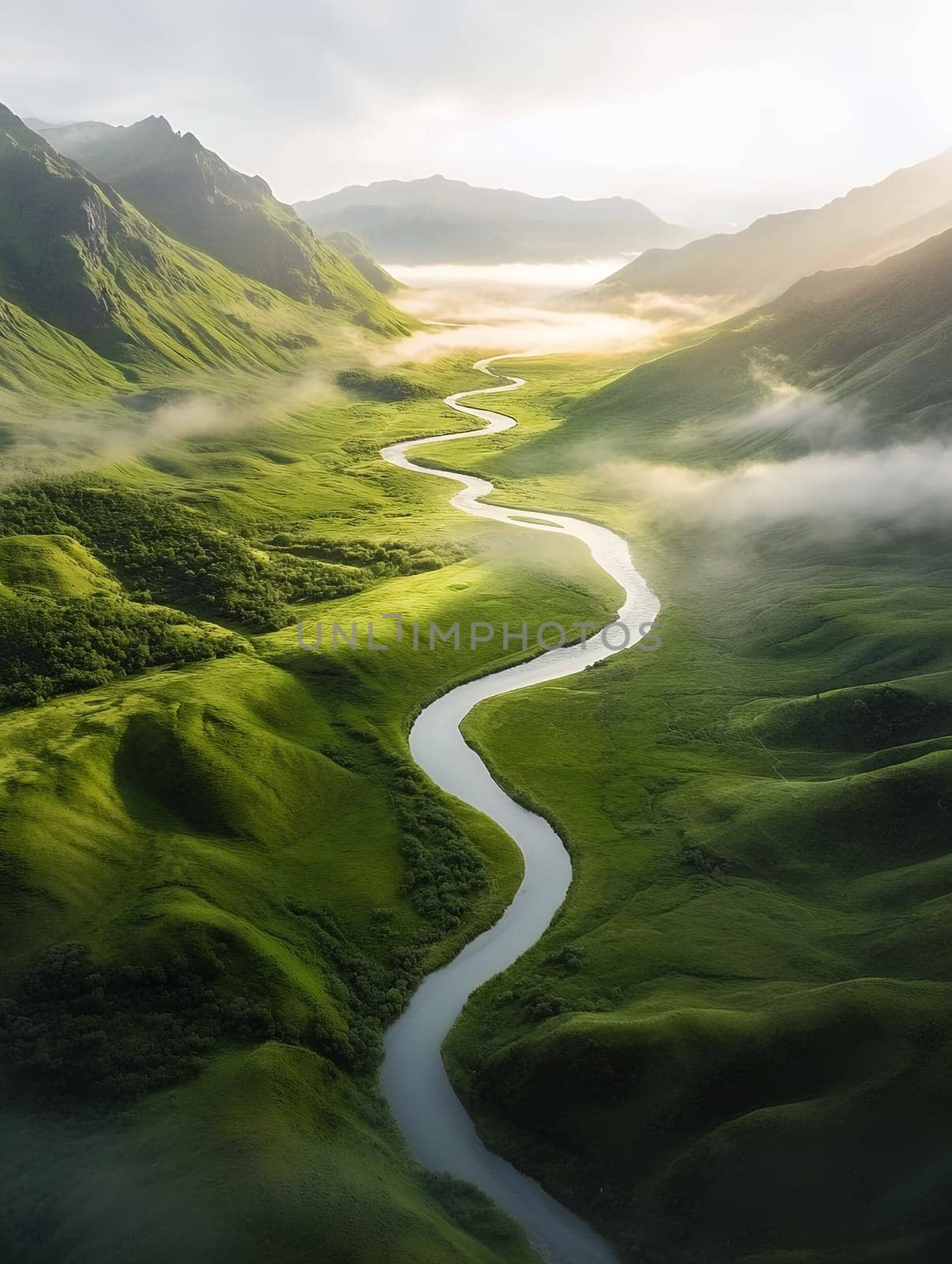 A serene river winds through lush green valleys, under a misty sky, creating a picturesque and tranquil landscape.