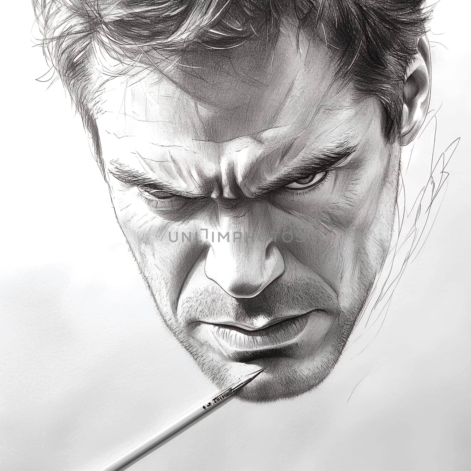 A detailed pencil sketch partially completed, showing an intense expression on a paper canvas.