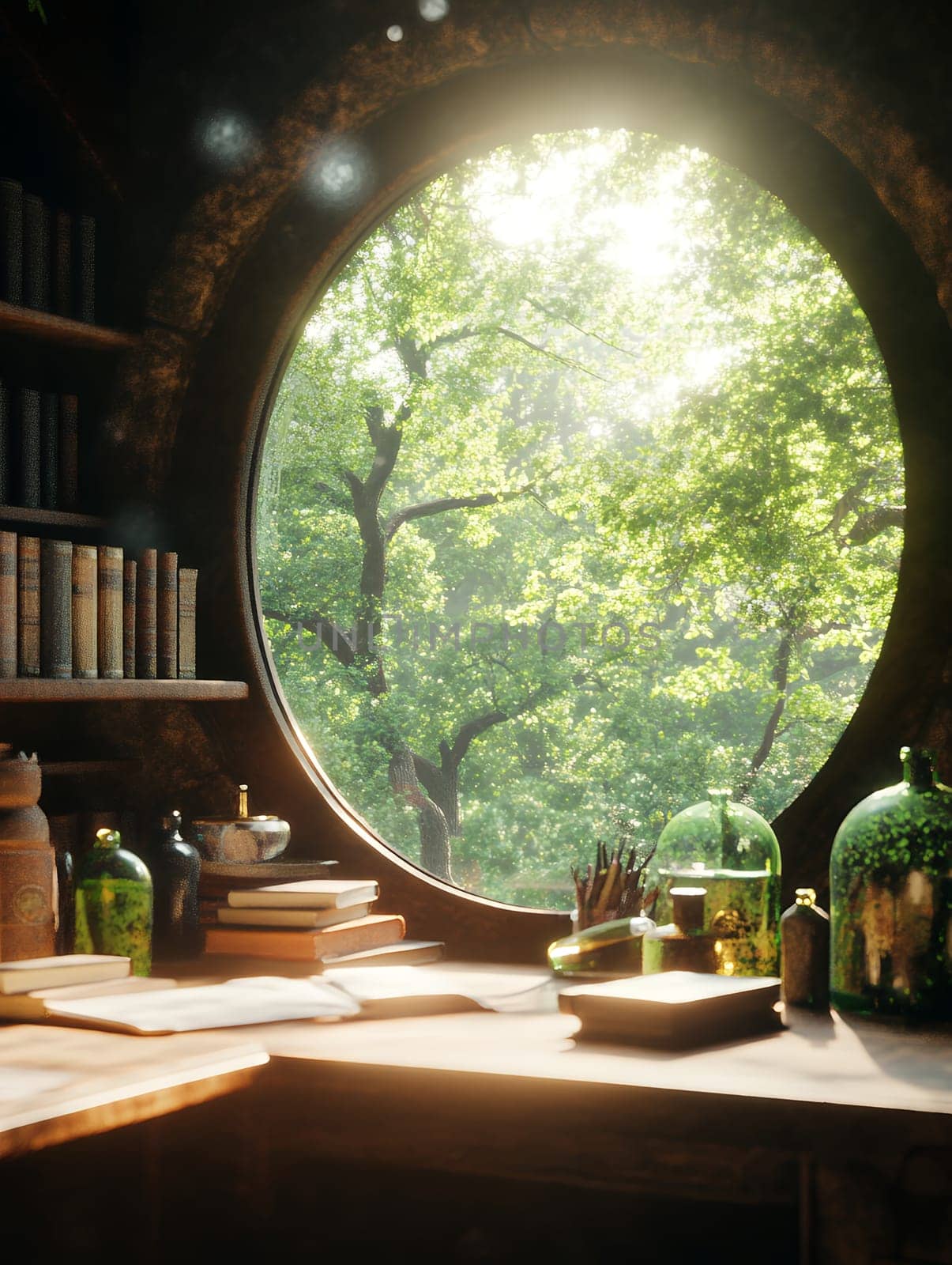 A cozy study with a circular window overlooking lush greenery, filled with books and antique bottles in soft sunlight.