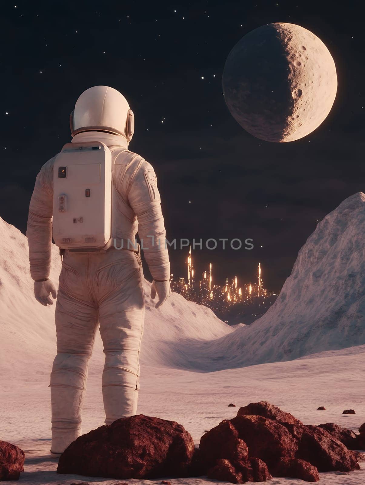 An astronaut stands on a moonlit landscape, gazing at a distant city skyline against a backdrop of stars and cosmic wonder.