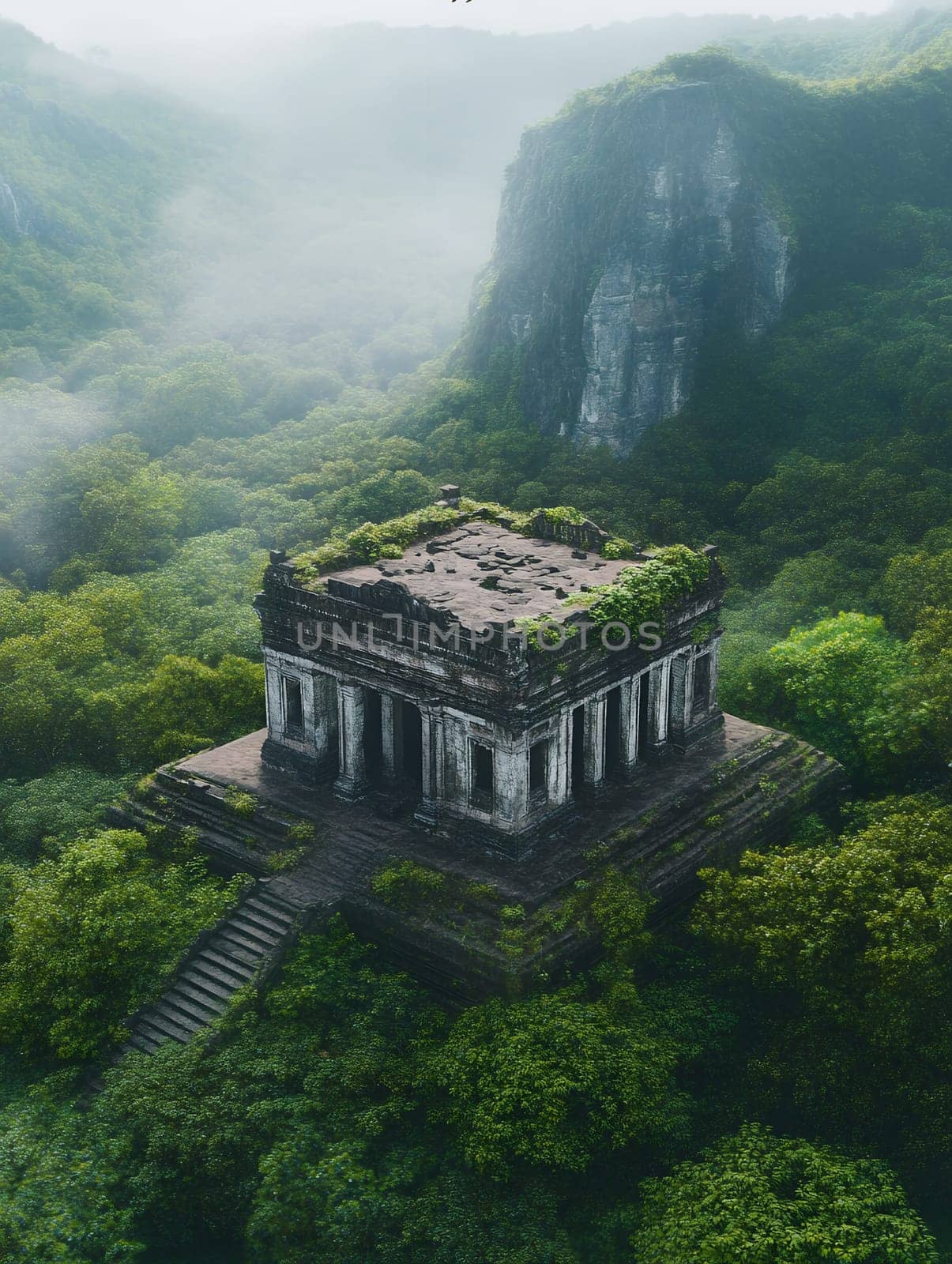 Aerial view of an ancient temple surrounded by lush jungle, shrouded in mist and mystery.