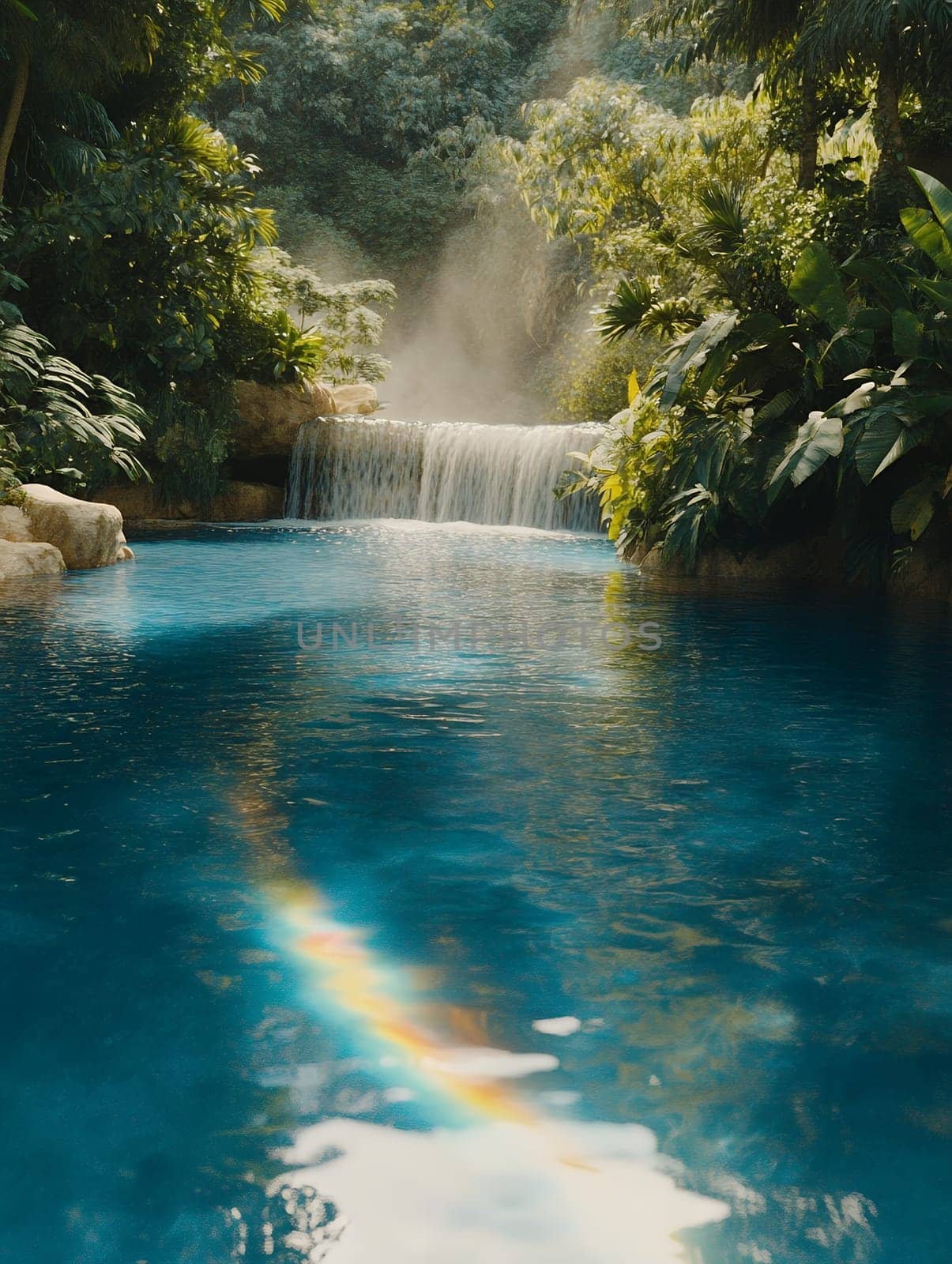 A breathtaking tropical waterfall cascades into a clear pool, with a vibrant rainbow reflecting on the water's surface.