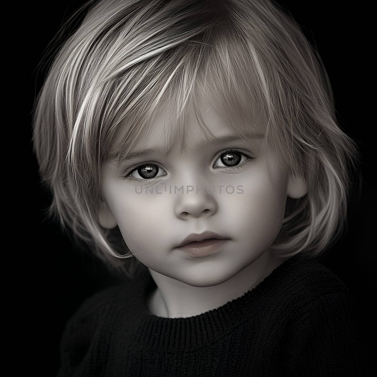 A close up black and white portrait of a young child with an introspective expression on a dark background.