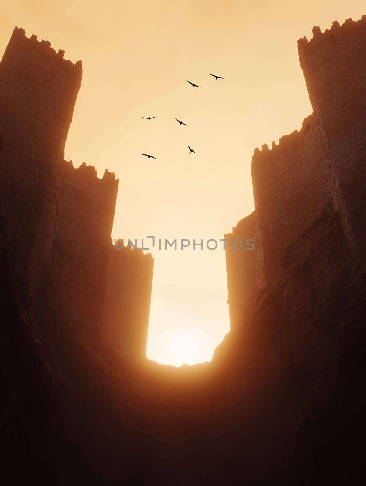 Dramatic silhouette of towering castle walls against a vibrant sunset sky with birds flying above.
