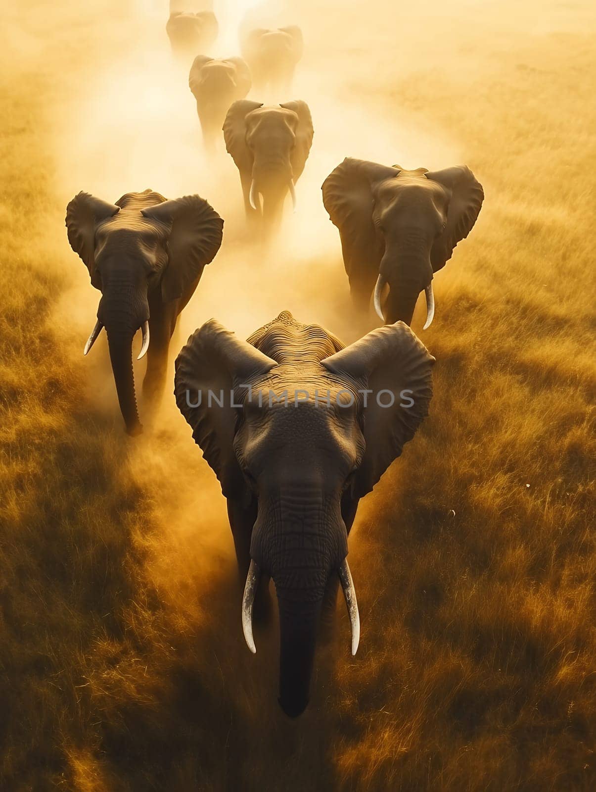A herd of elephants moves through a dusty savannah at sunset, capturing the majestic beauty of wildlife.