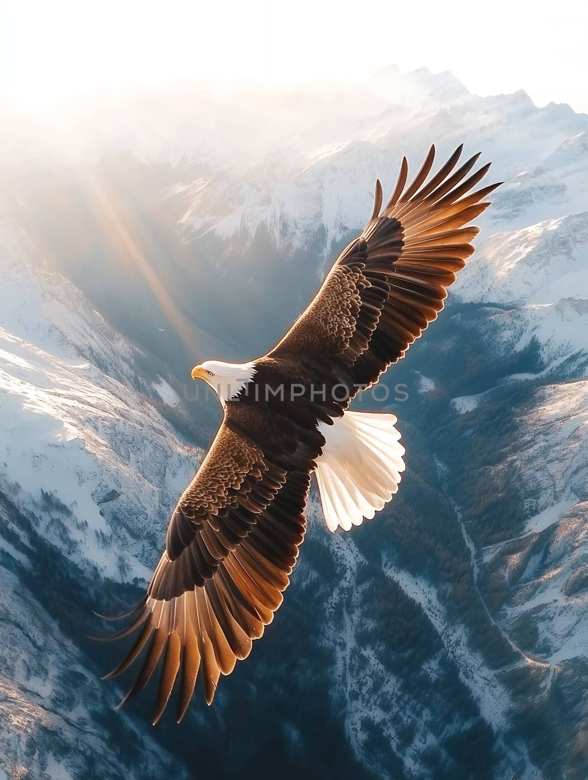 A stunning eagle soars above snow capped mountains, its wings spread wide against the clear sky.