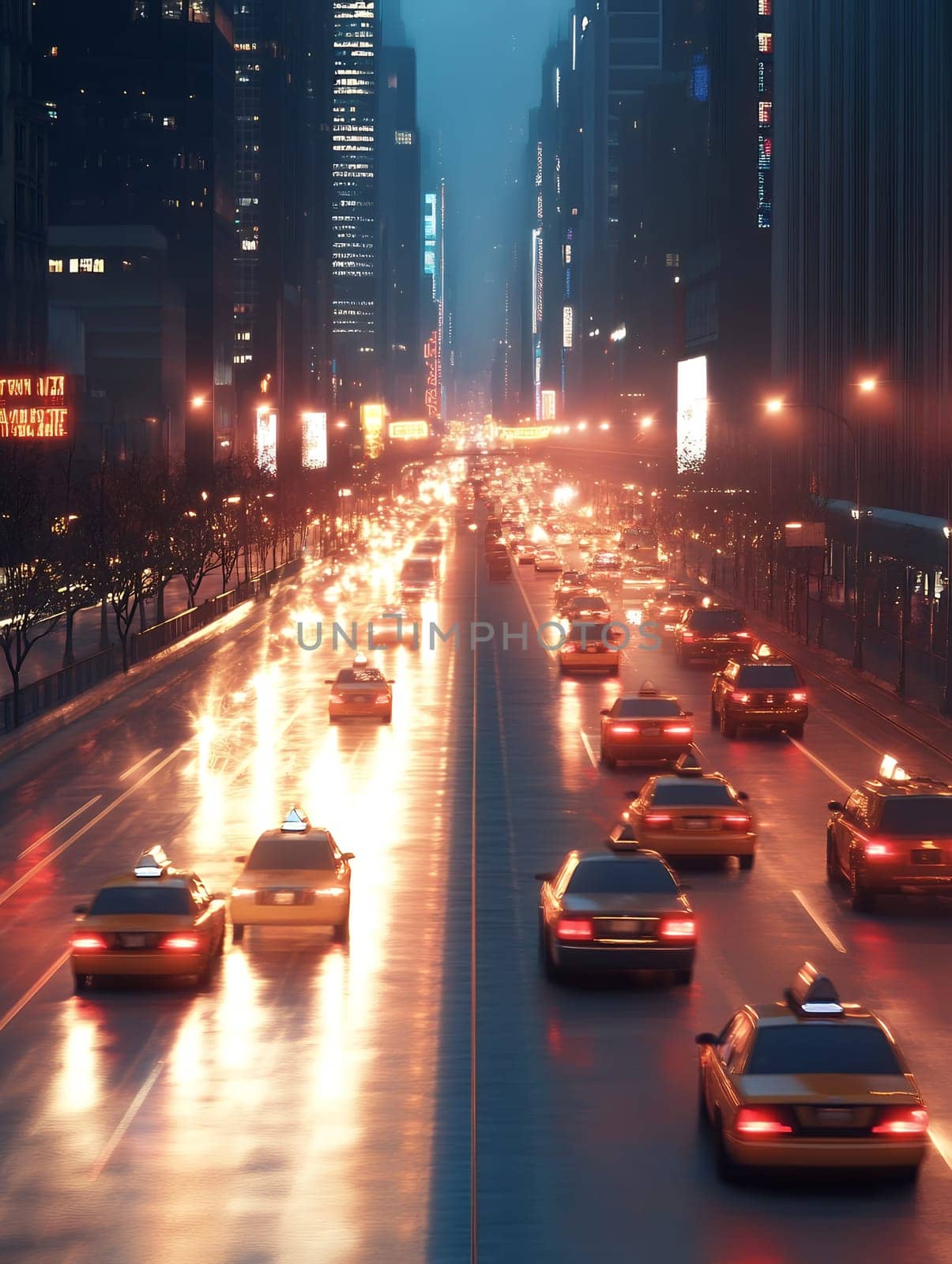 A vibrant city street illuminated with lights, capturing the dynamic energy and hustle of urban nightlife.
