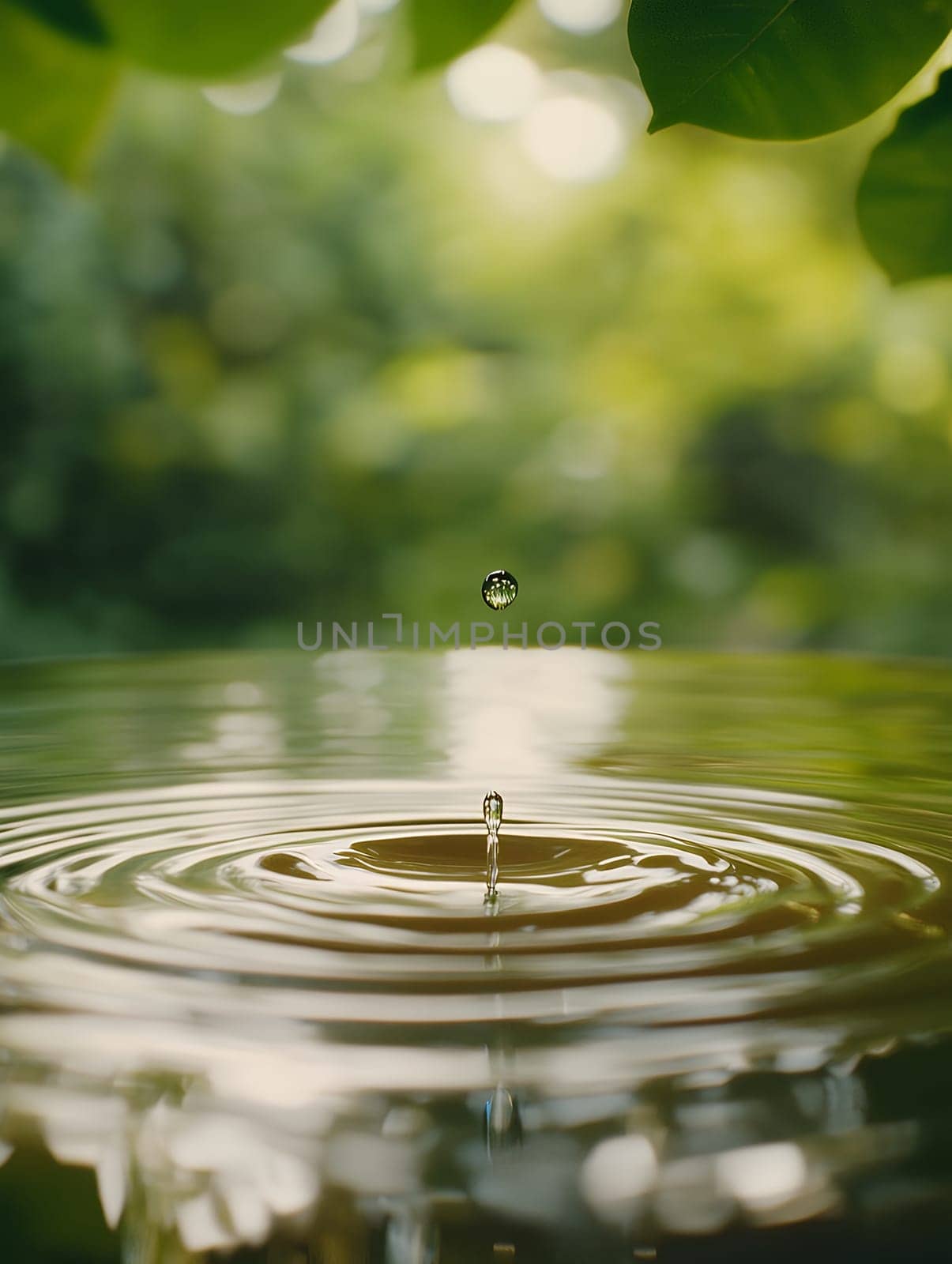 A single water droplet creates ripples in a serene pond, surrounded by lush greenery and tranquility.