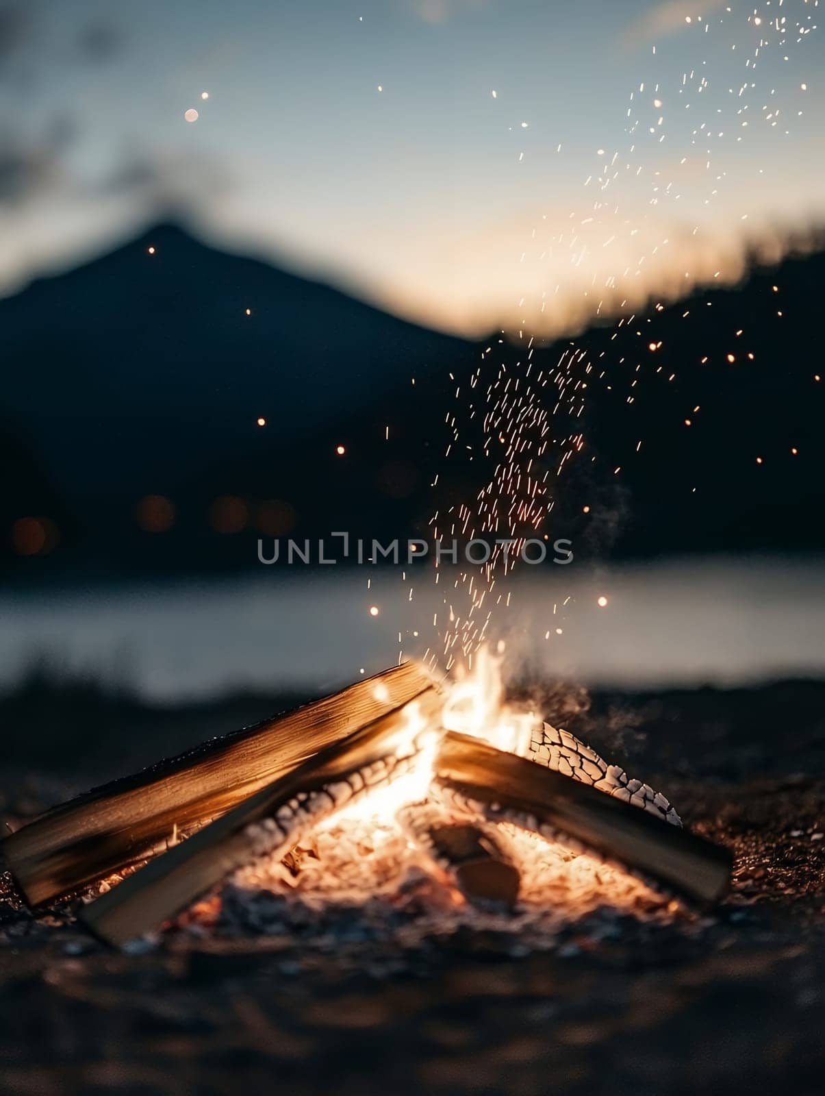 A glowing campfire with sparks rising against a twilight backdrop, creating a warm and inviting atmosphere.