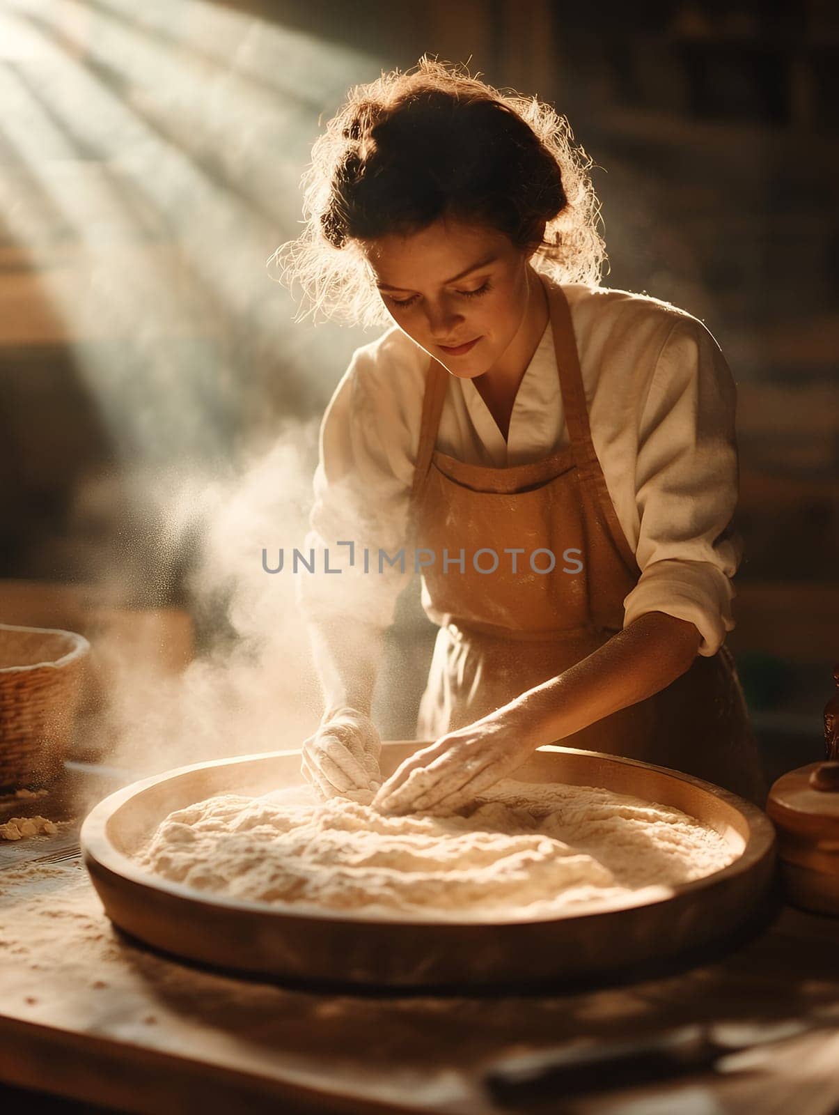 A dedicated artisan kneads dough in warm sunlight, highlighting the craft and tradition of bread making.