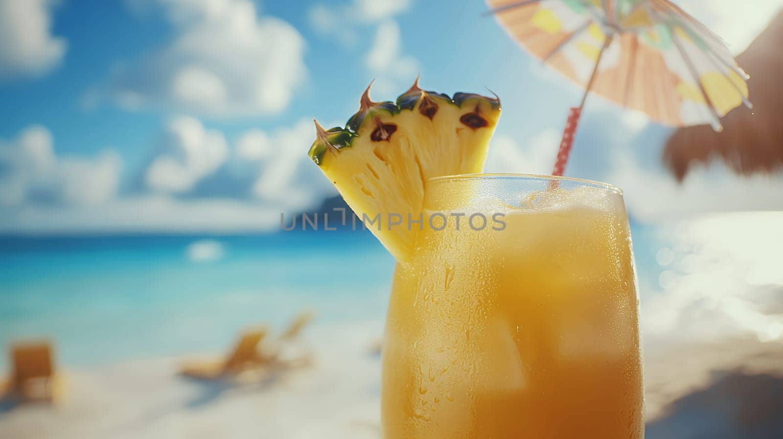 A refreshing tropical drink with pineapple garnish sits on a beach, perfect for a relaxing day by the sea.