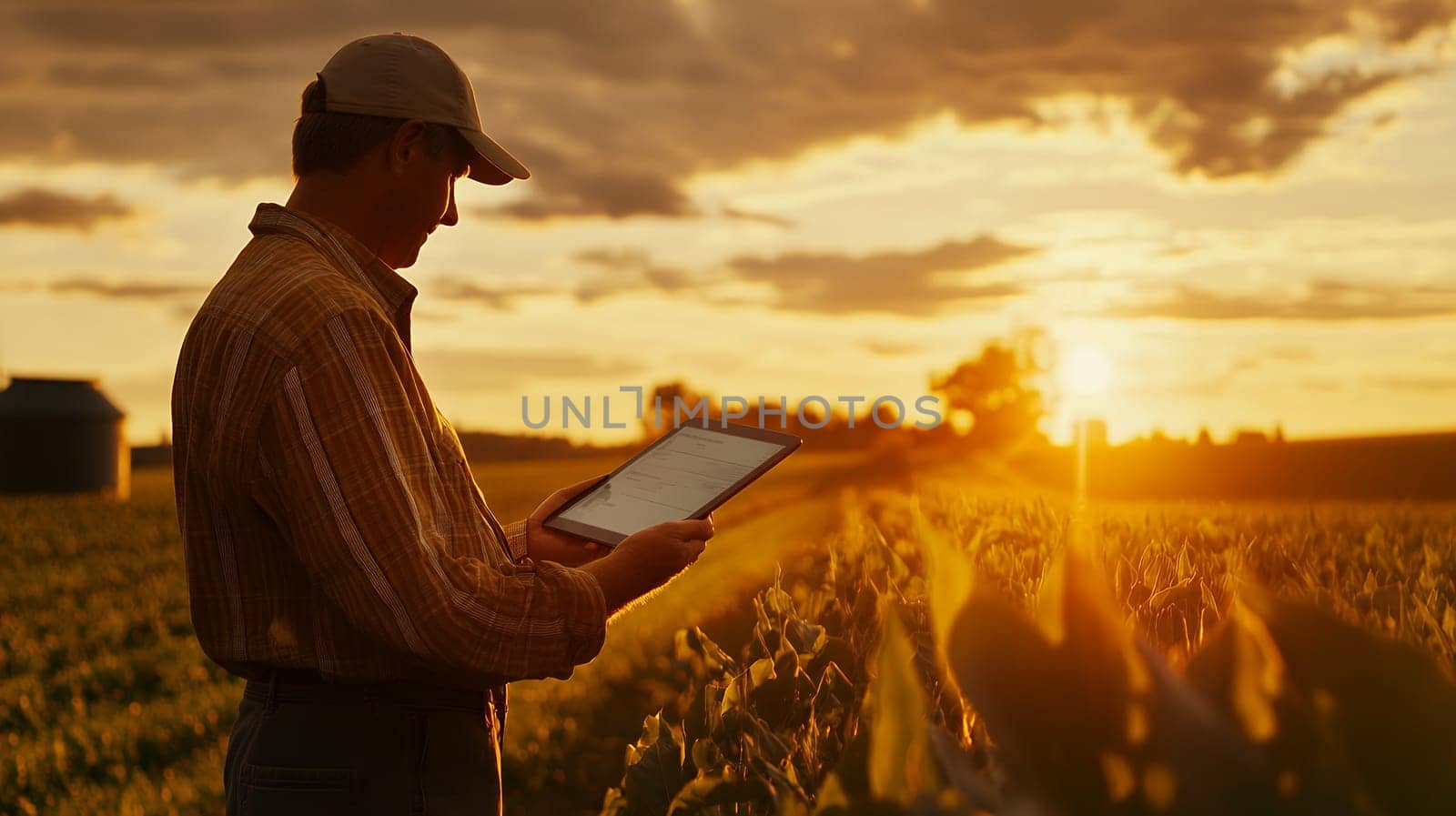 A farmer examines a tablet while standing in a field at sunset, illustrating modern agriculture practices.
