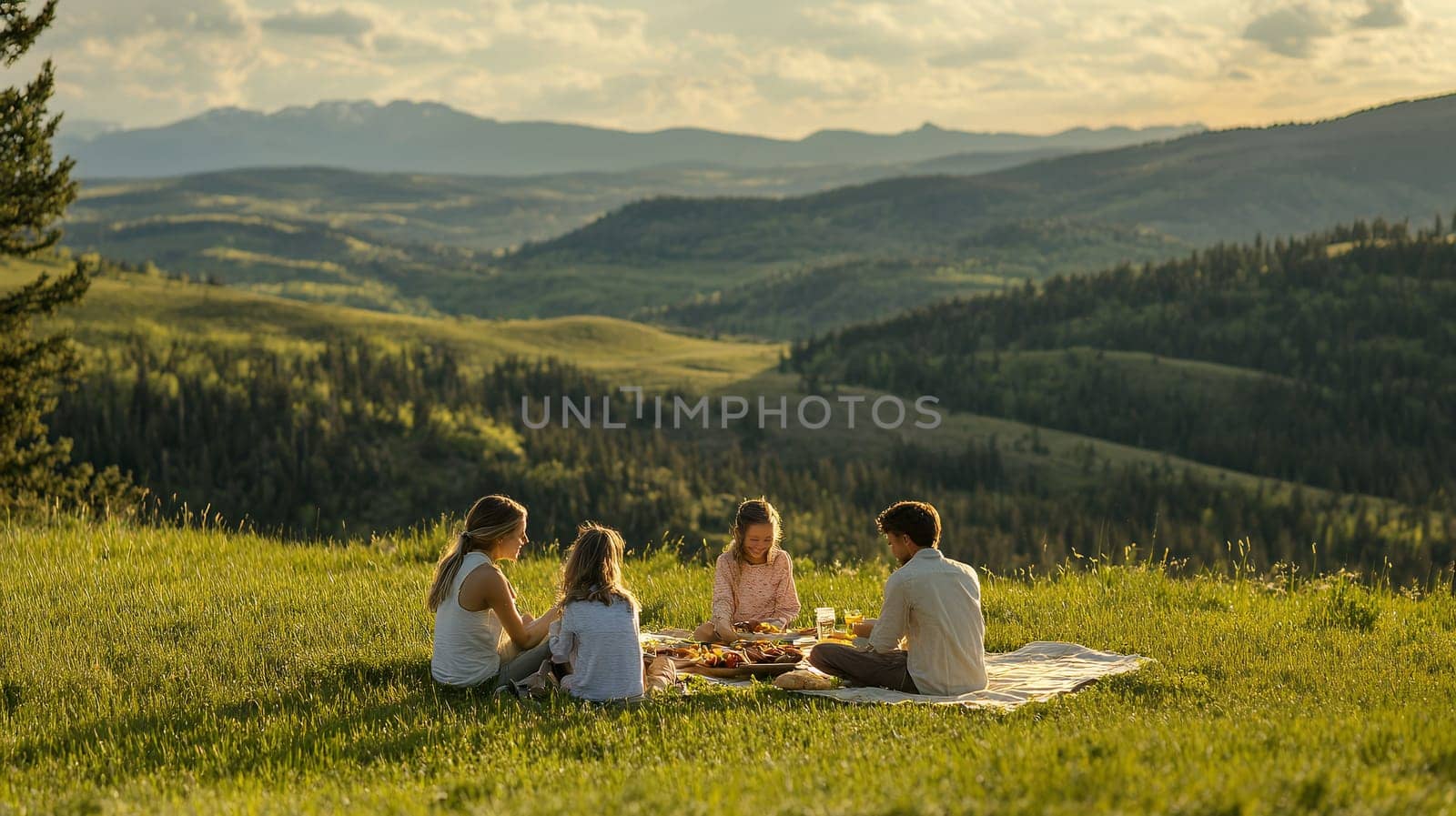 A family enjoys a picnic on a mountain meadow, surrounded by breathtaking views and lush greenery.