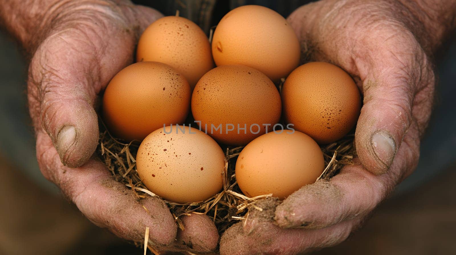 Weathered hands gently cradle freshly laid eggs, showcasing the essence of farm life and sustainability.