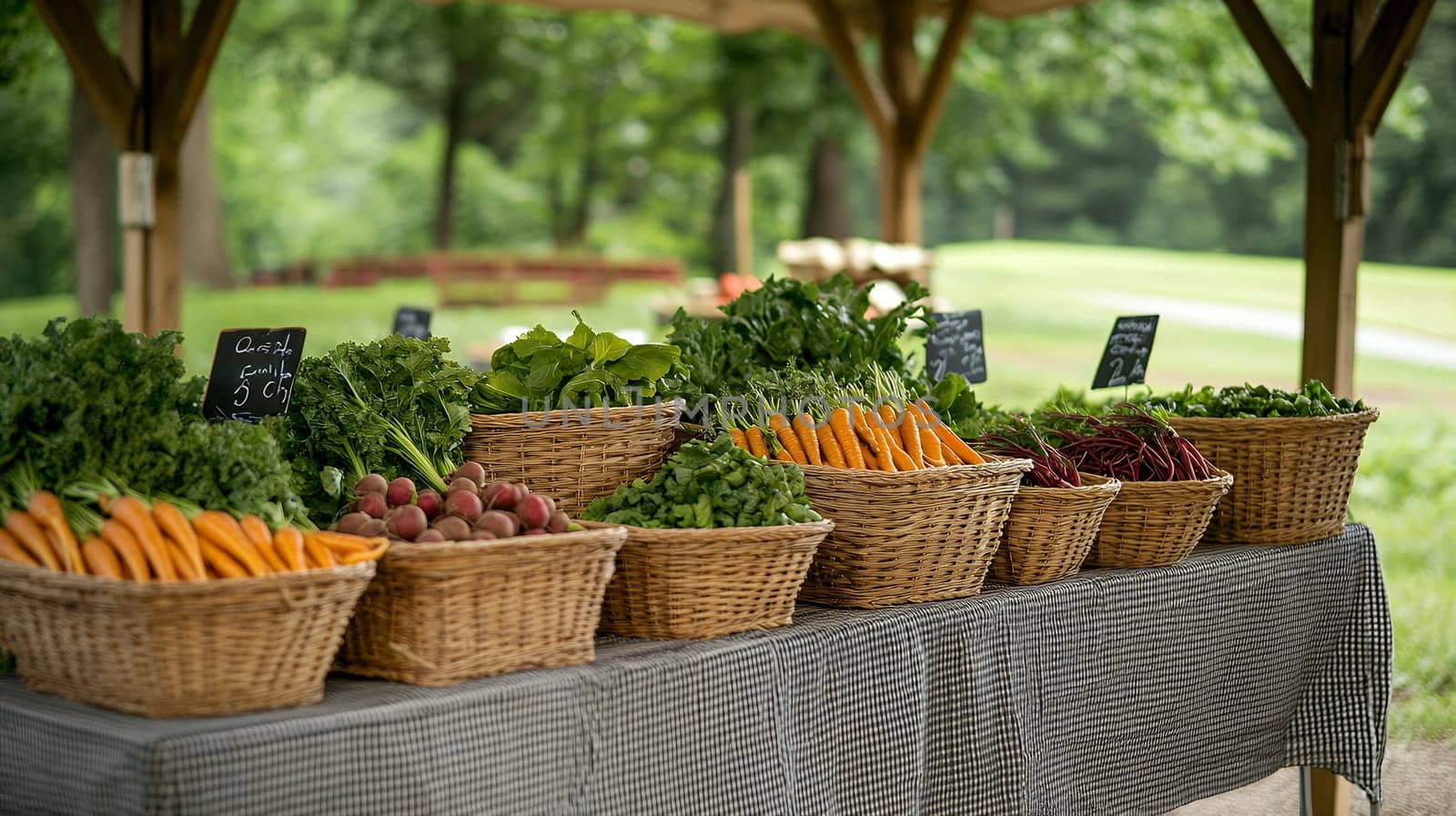 A colorful array of fresh vegetables displayed in baskets at an outdoor farmer's market, inviting and wholesome.