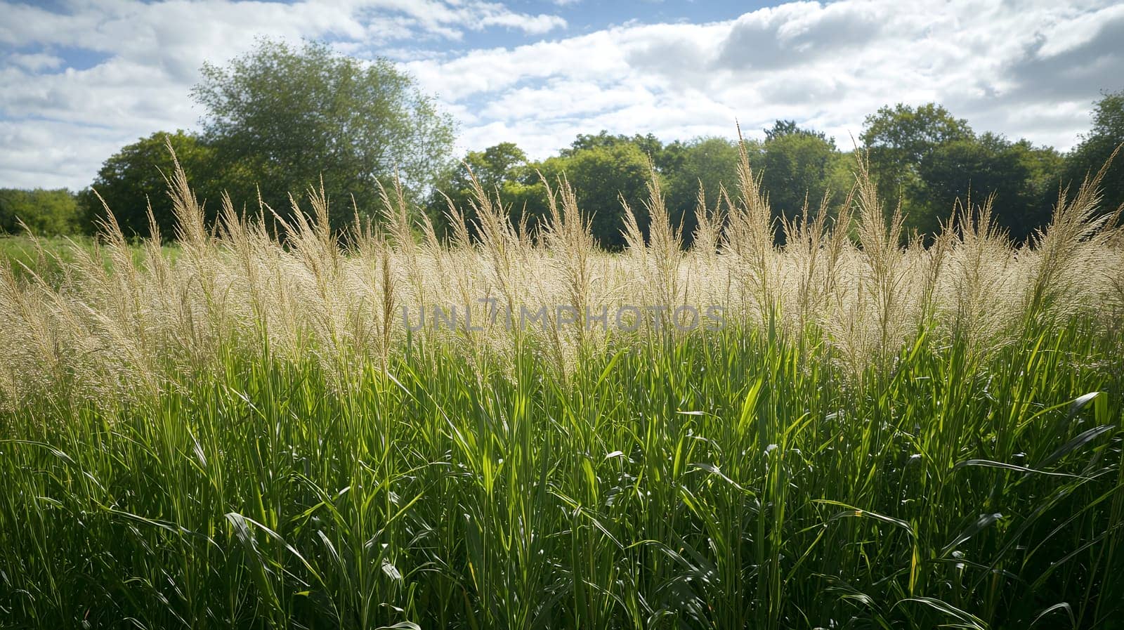 Sunlit tall grasses sway gently in a lush field, set against a backdrop of a bright blue sky and green trees.