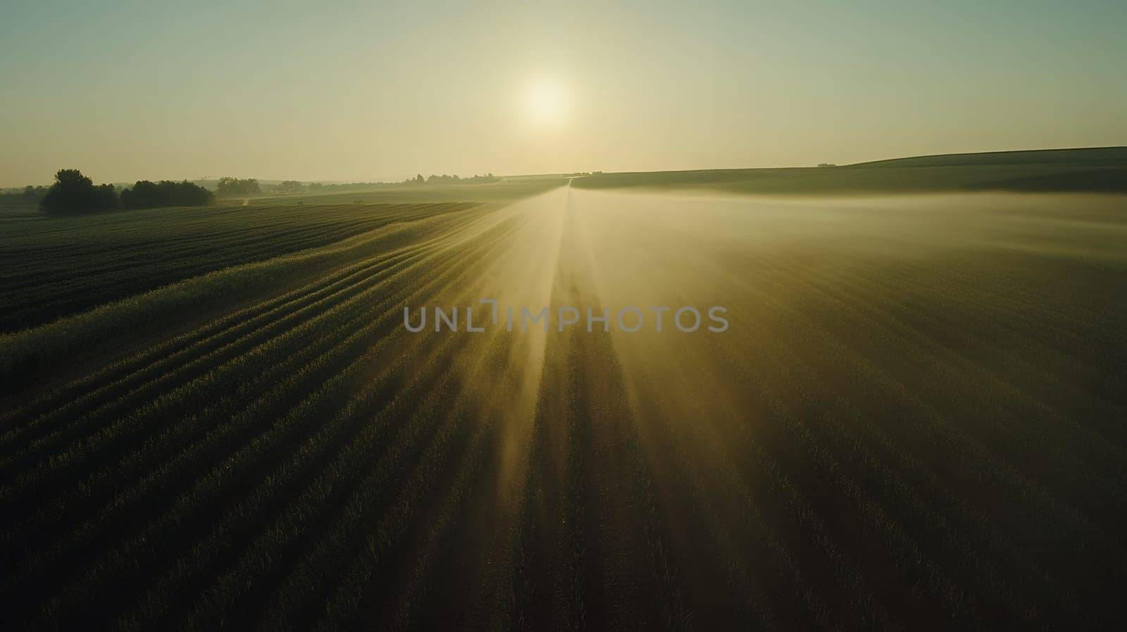 The sun rises over misty fields, casting a golden glow and creating an ethereal morning landscape.