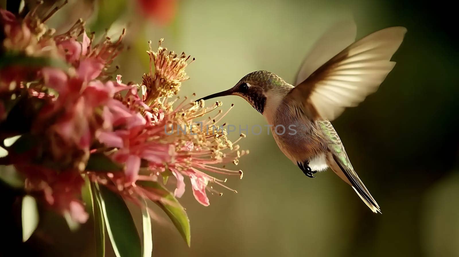 A delicate hummingbird hovers while feeding on vibrant pink flowers, illustrating the grace of nature in motion.
