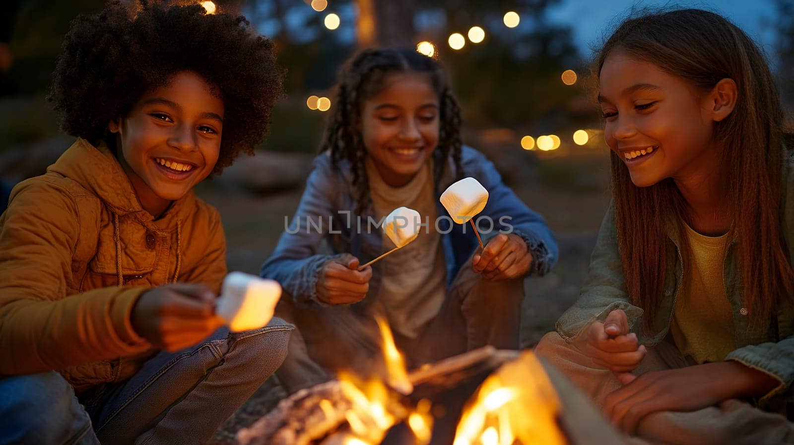 Three joyful children roasting marshmallows over a campfire, enjoying a warm evening under twinkling lights.