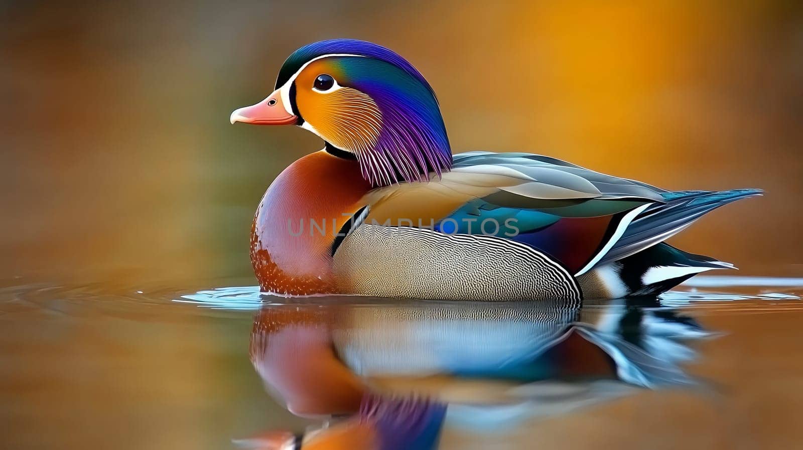 A colorful mandarin duck gliding gracefully on calm water, reflecting a serene autumn backdrop.