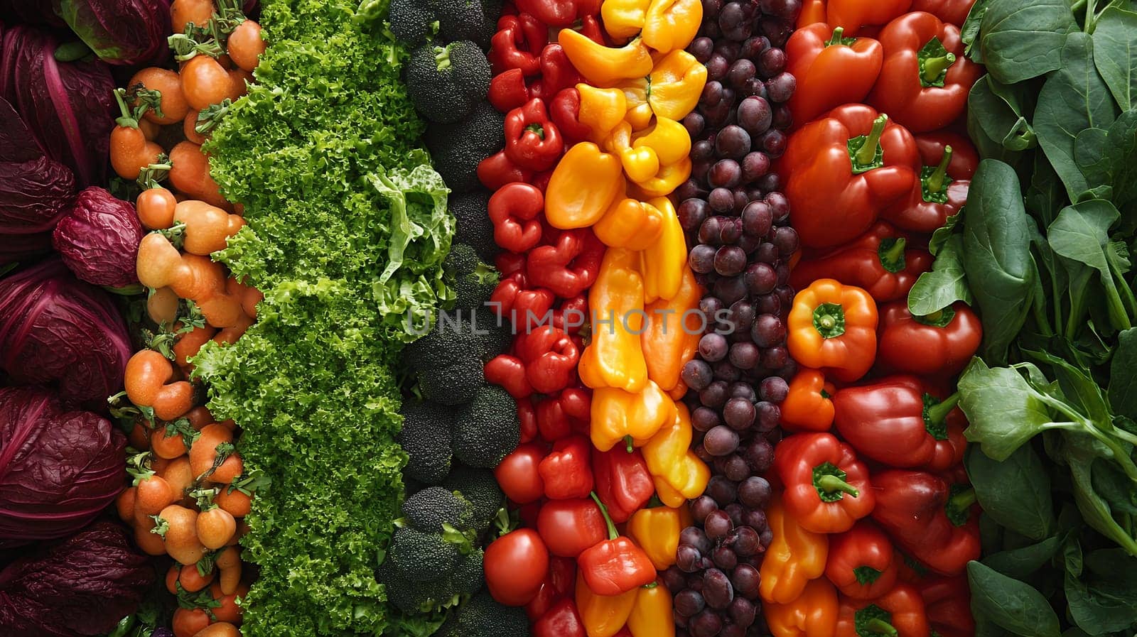 A vibrant assortment of fresh vegetables arranged in a rainbow pattern, showcasing healthy produce.