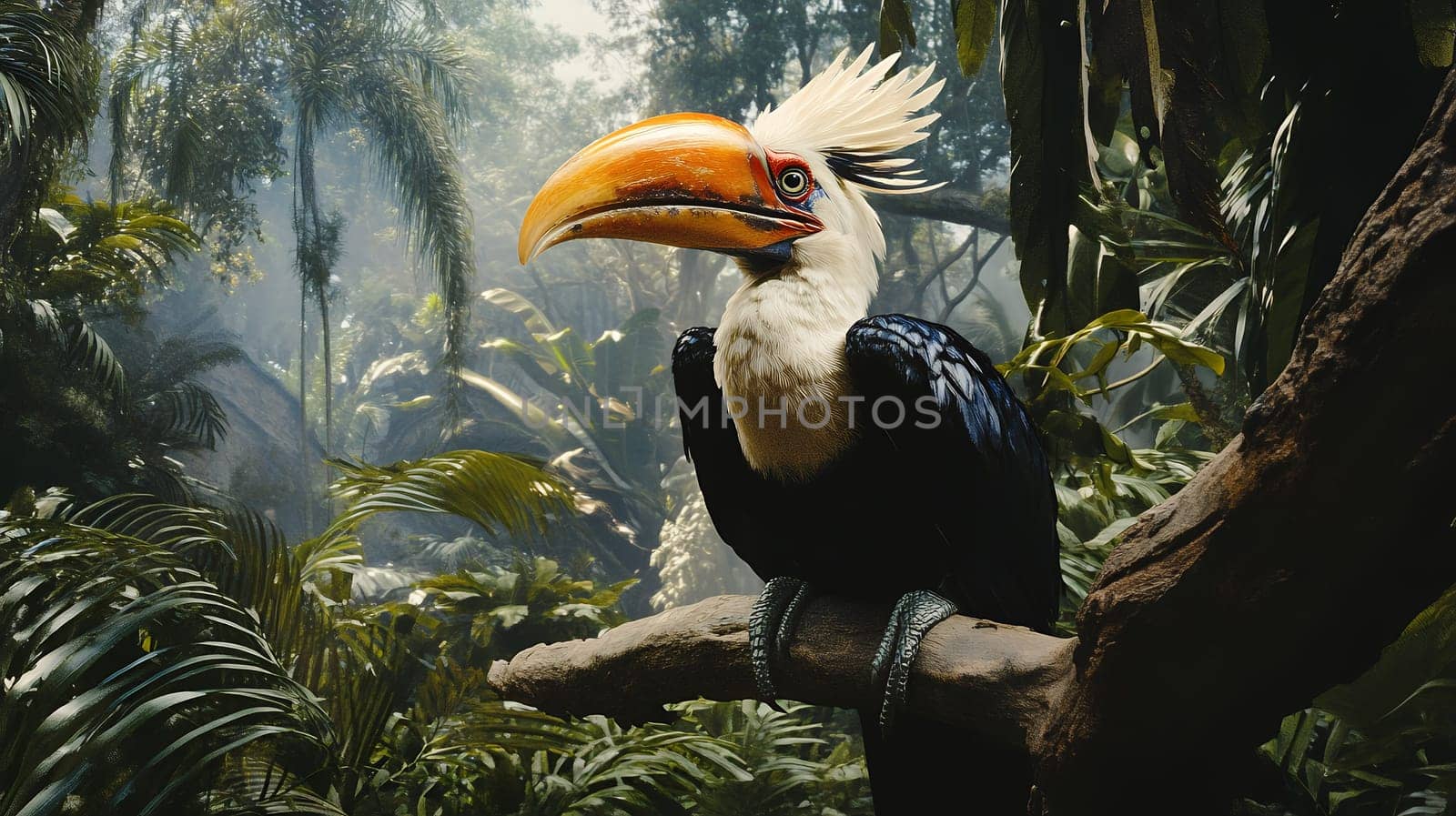 A striking hornbill perches majestically on a branch amidst lush jungle foliage, embodying the essence of the wild.