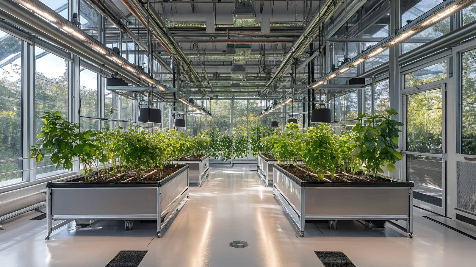 A sleek indoor greenhouse filled with thriving plants, showcasing modern agriculture and sustainable growing methods.