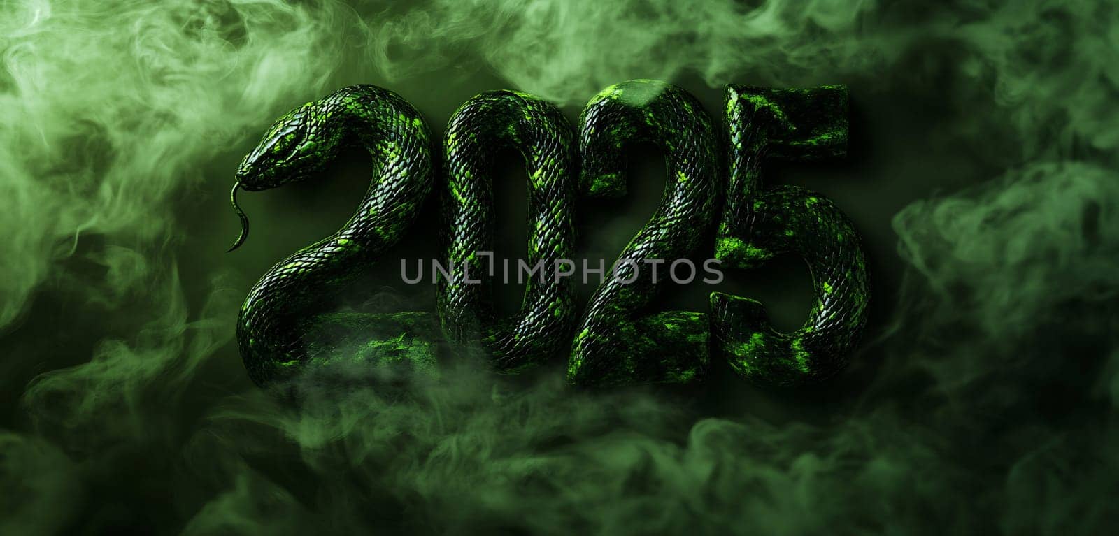 A green snake coils around and shapes the numbers 2025, surrounded by swirling fog, creating a mystical atmosphere.