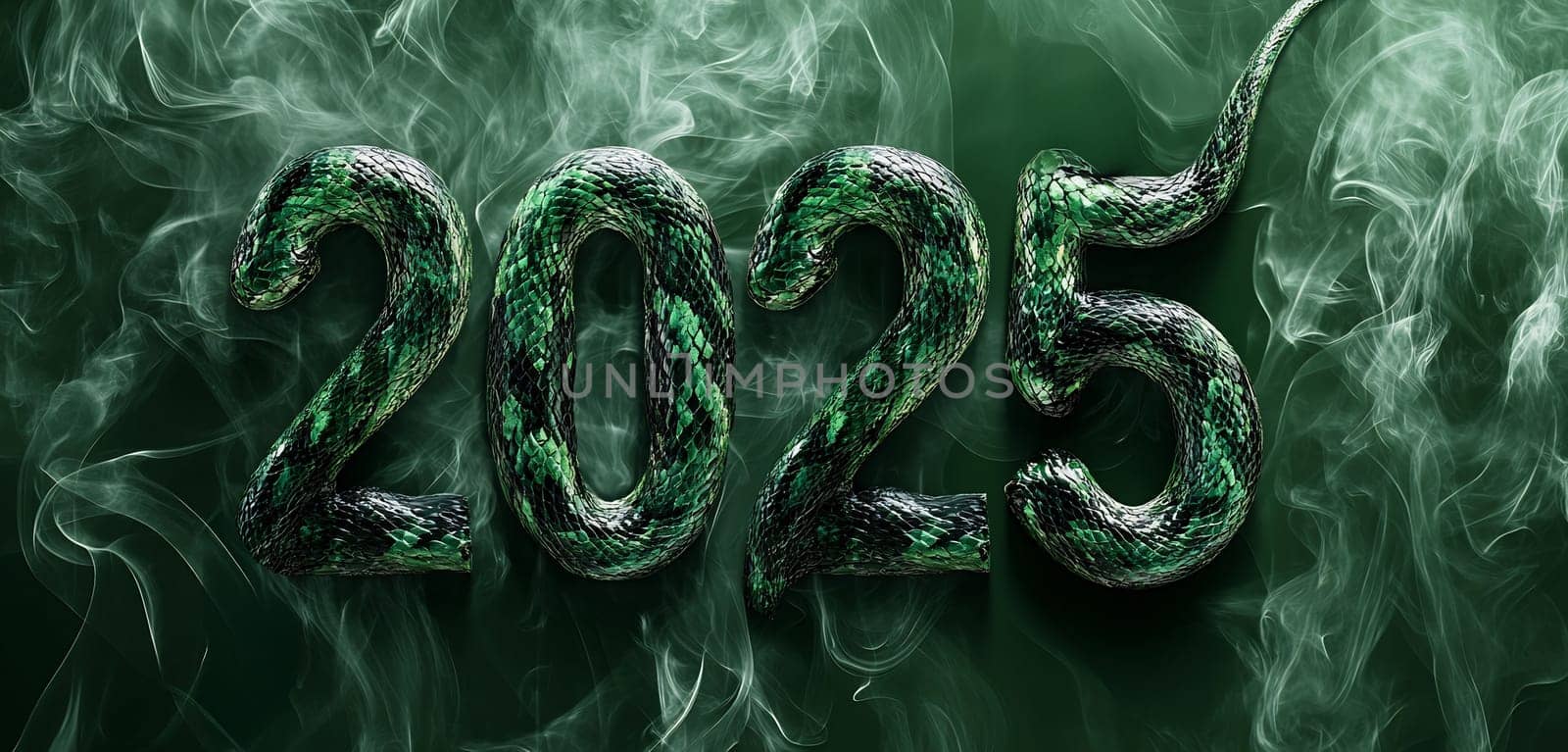 A green snake weaves through smoke, creatively shaping the numerals for the year 2025 in a dark setting.