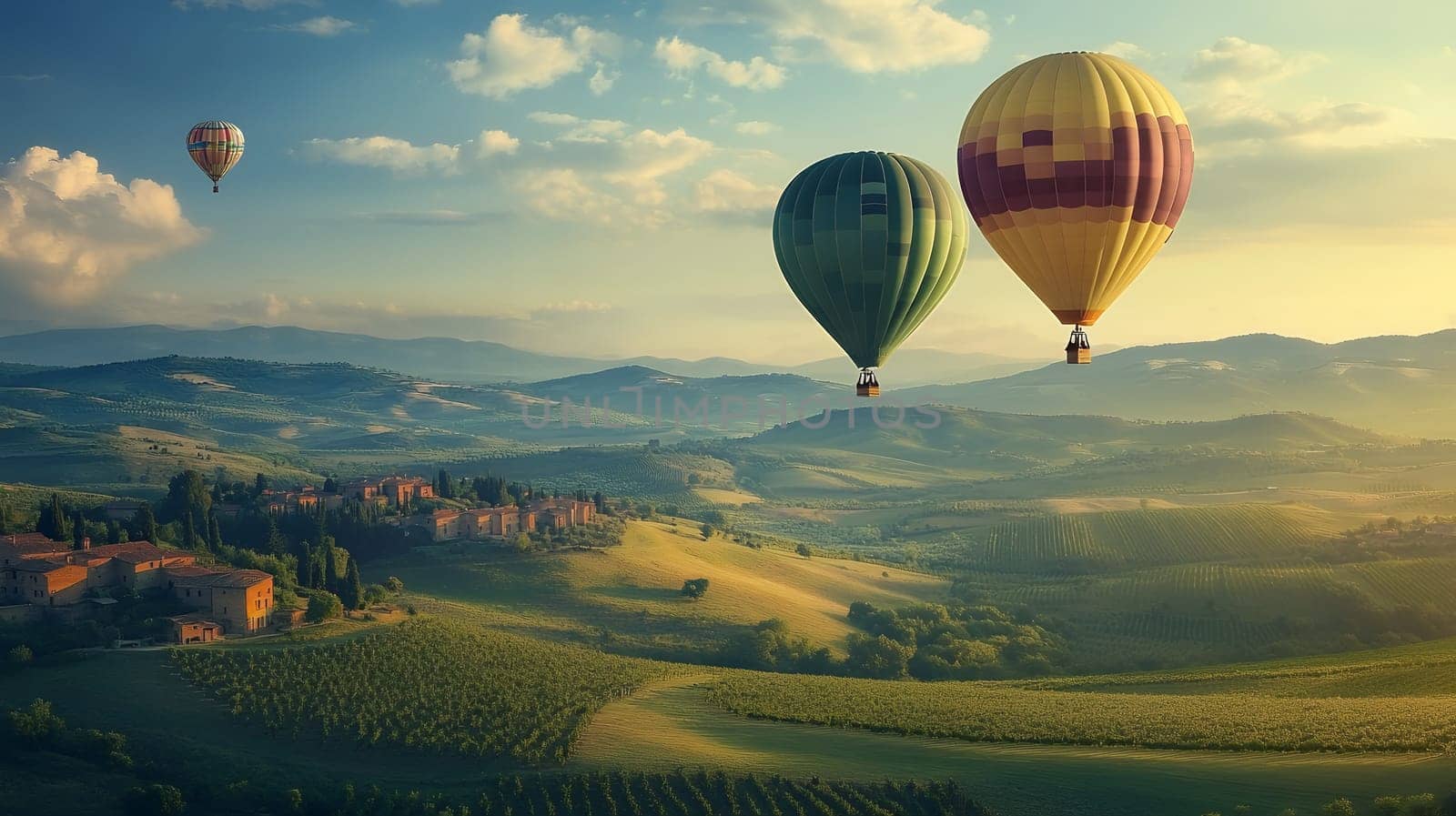 Two colorful hot air balloons float gracefully over a picturesque landscape, capturing the beauty of serene exploration.