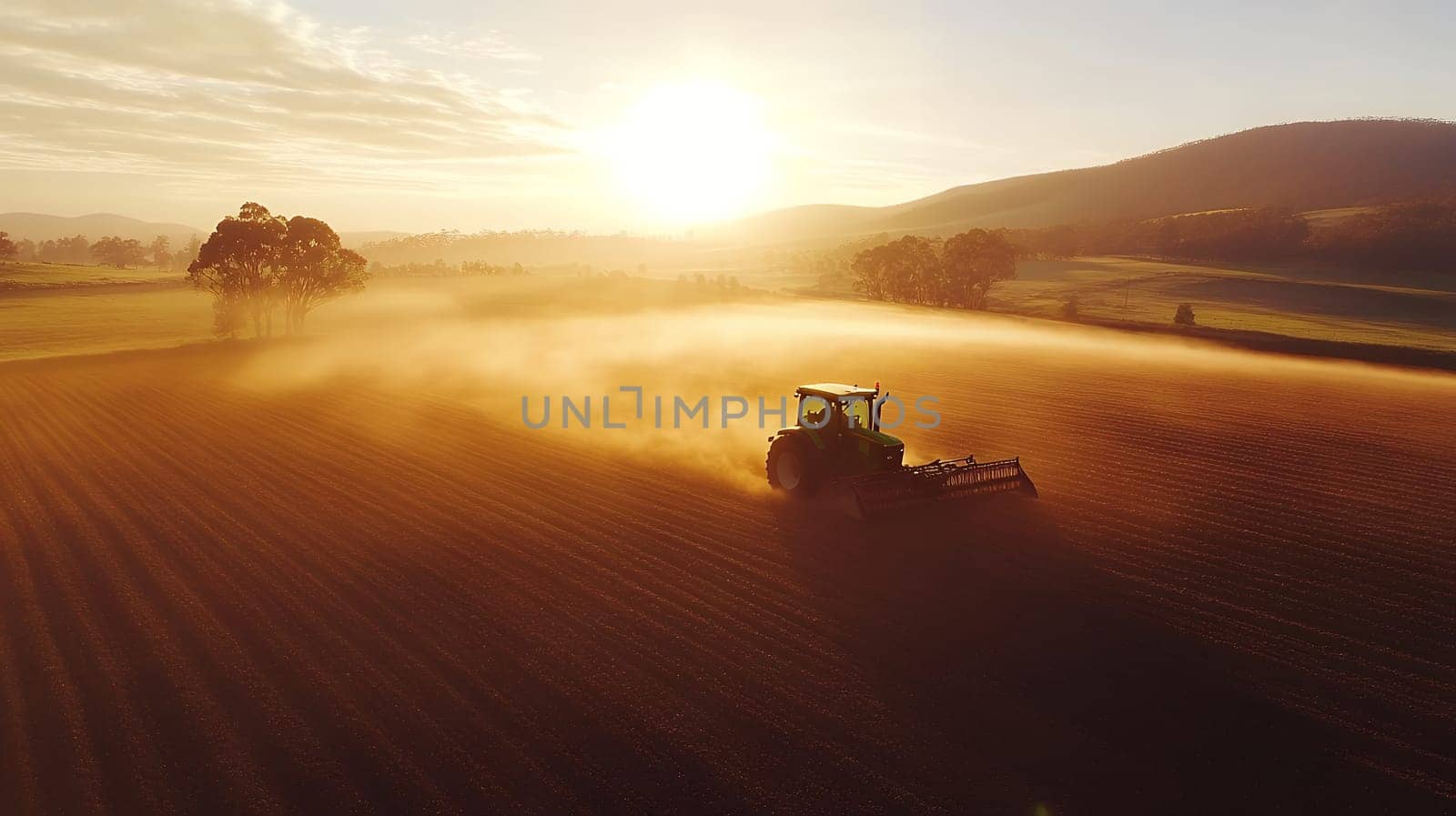 A tractor plows through a field, enveloped in golden sunset light, illustrating the hard work of farming.