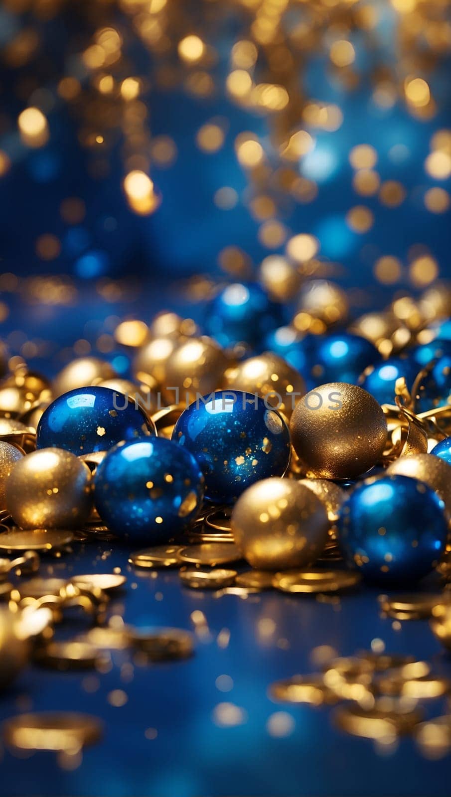 Vertical background, transparent glass balls, gold and blue, celebration. High quality illustration