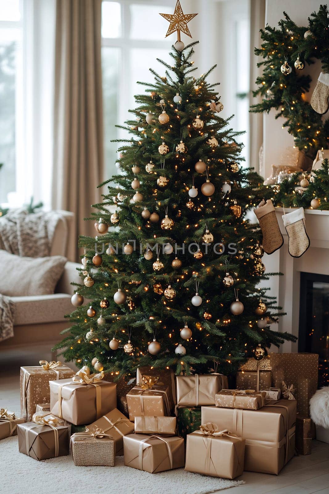 A beautifully decorated Christmas tree stands in a cozy room, surrounded by numerous gifts wrapped in golden paper and bows.