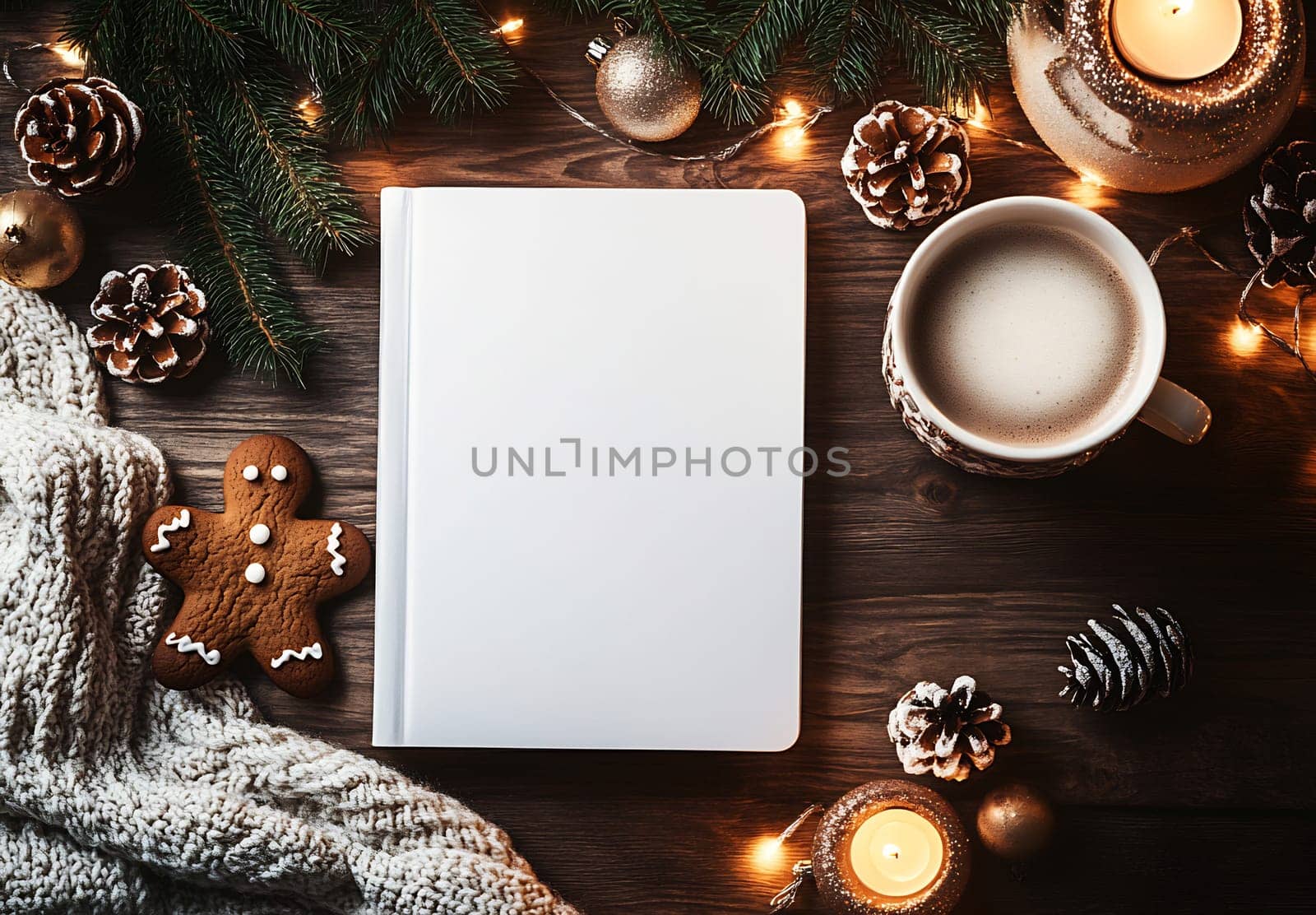 A warm setting featuring a blank notebook, gingerbread, hot drink, pinecones, and candles, perfect for a cozy winter evening.