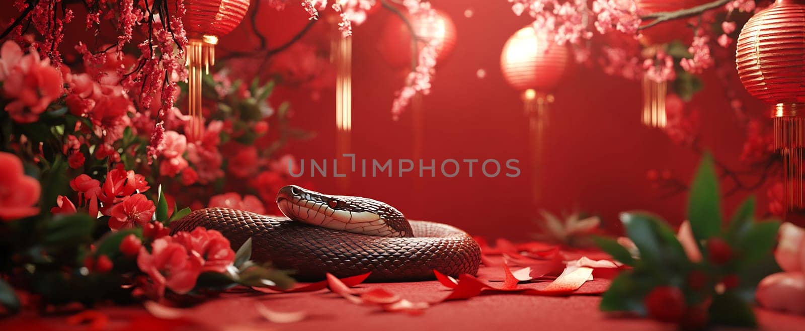 A snake lies gracefully on a bed of rose petals, surrounded by vibrant cherry blossoms and glowing lanterns in a festive setting.