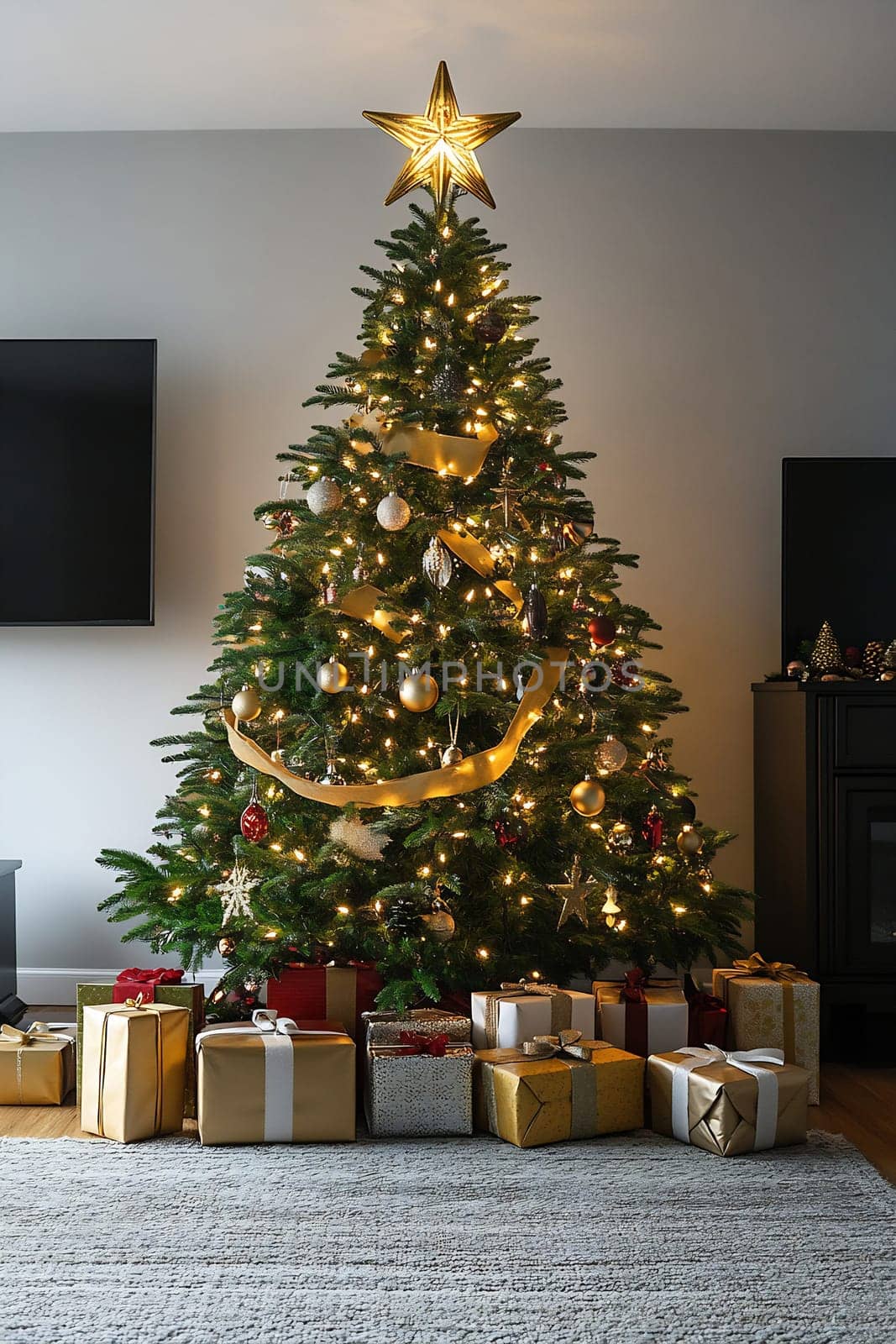 A beautifully adorned Christmas tree stands in a cozy living room, surrounded by wrapped gifts and festive decorations.