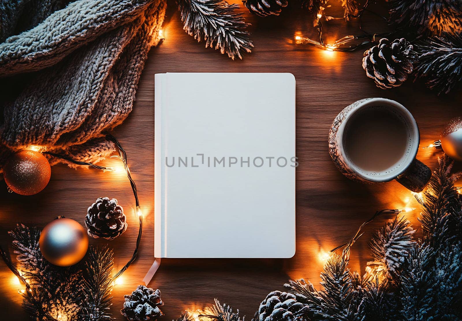 A warm setting features a blank journal, a cup of coffee, and festive decorations, perfect for a serene winter evening.