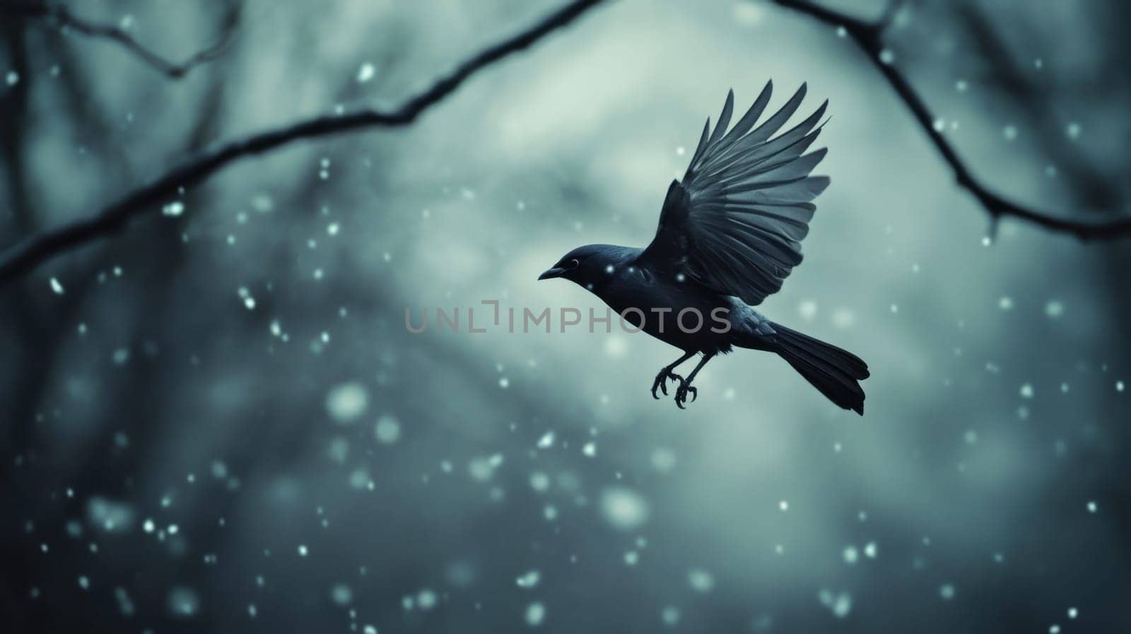 A black bird soars gracefully through falling snowflakes in a dark wintry forest setting.