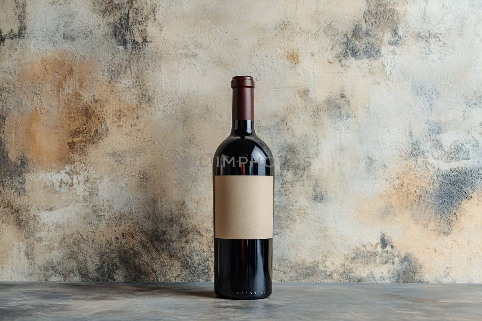 A single red wine bottle stands on a textured surface, featuring a blank label against a muted backdrop.