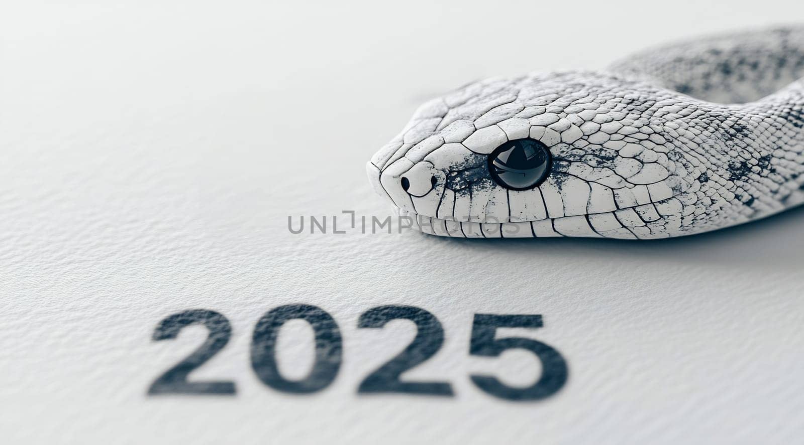 A close-up of a snake resting beside the number 2025 on a light-colored background, symbolizing a unique moment in time.