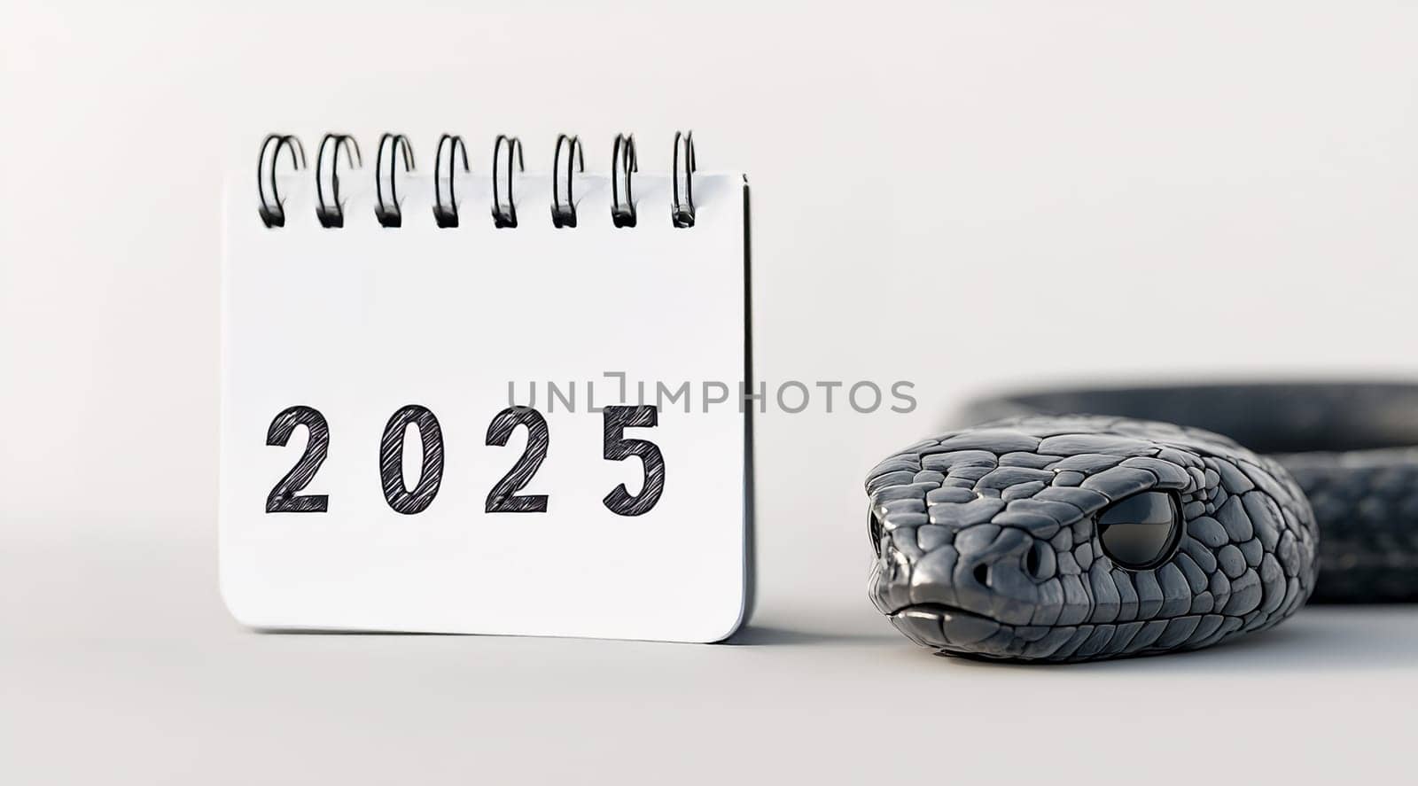 A calendar displaying the year 2025 sits next to a lifelike snake, creating an intriguing visual combination of nature and time.