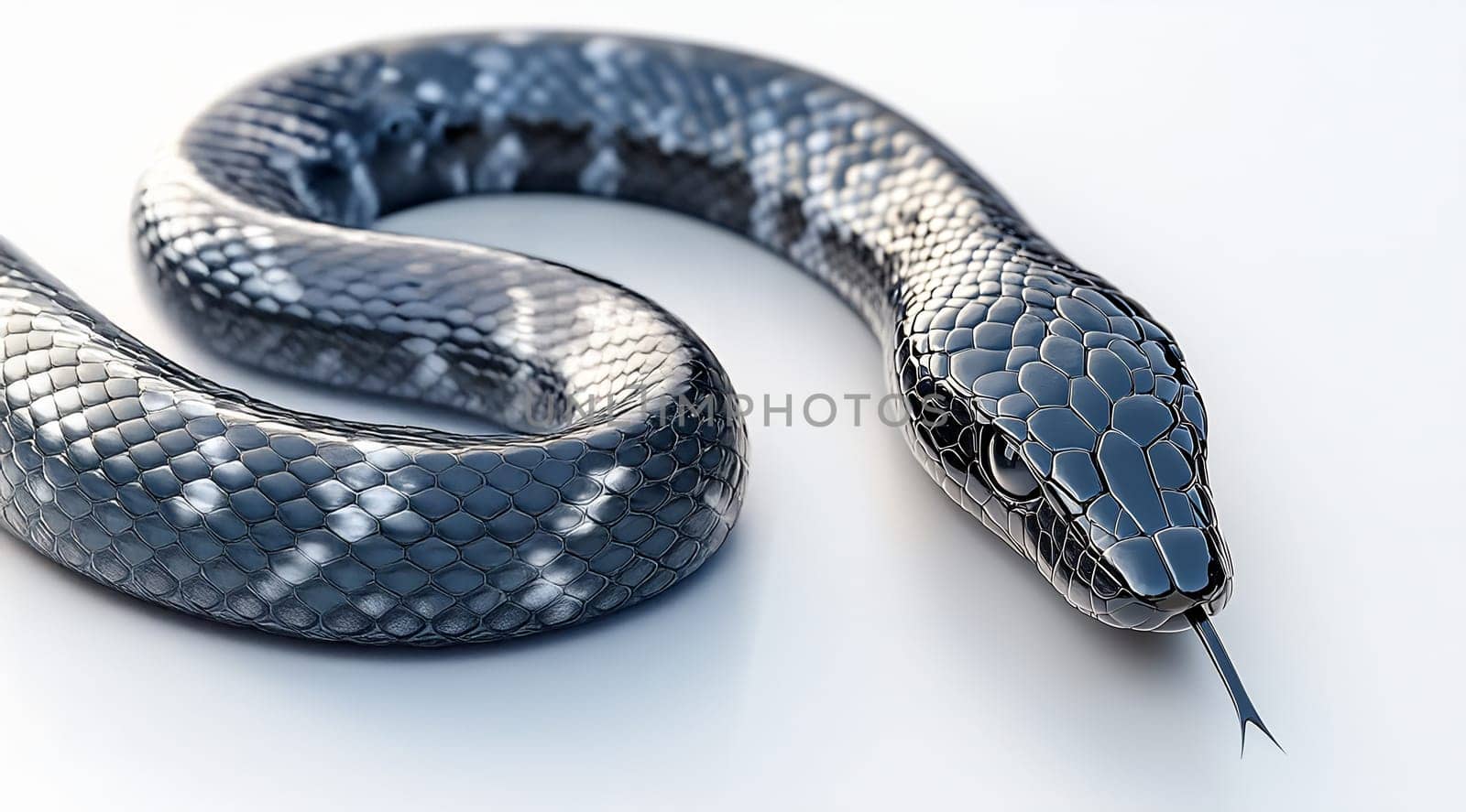 A black snake is coiling on a reflective surface, showcasing its scales and flicking its tongue as it explores its surroundings.