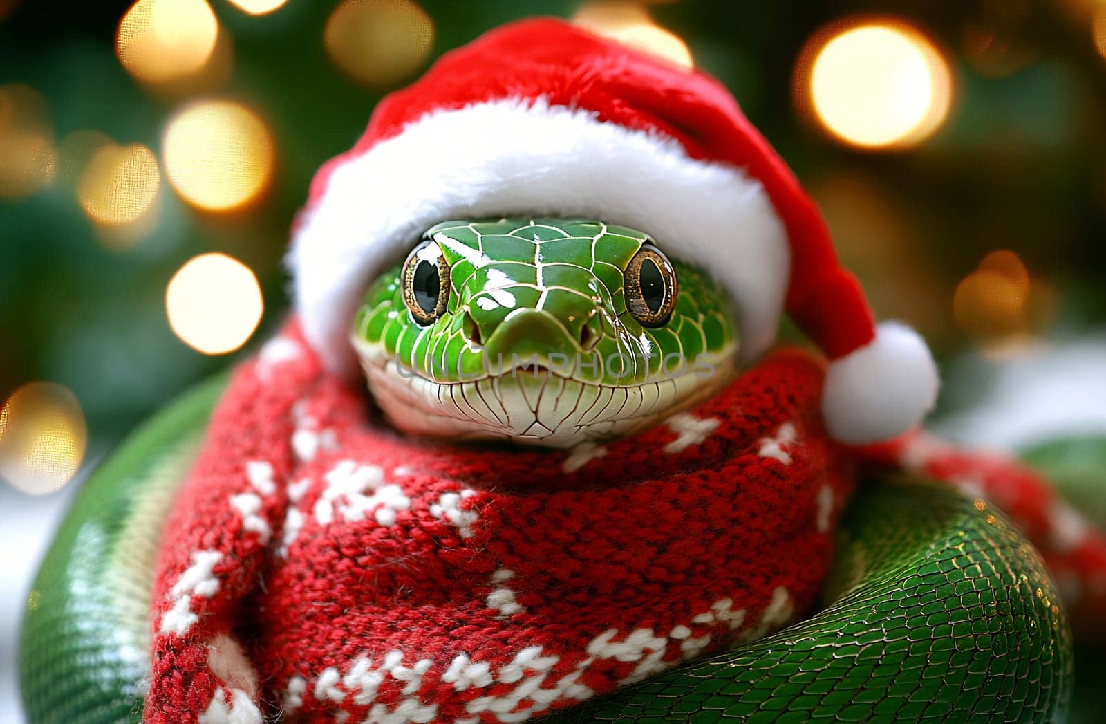A vibrant green snake adorned with a red scarf and Santa hat rests against a decorated background, embodying holiday cheer.