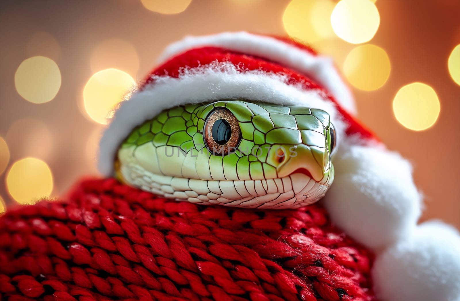 A green snake wearing a Santa hat relaxes in a fluffy red scarf, surrounded by twinkling holiday lights.