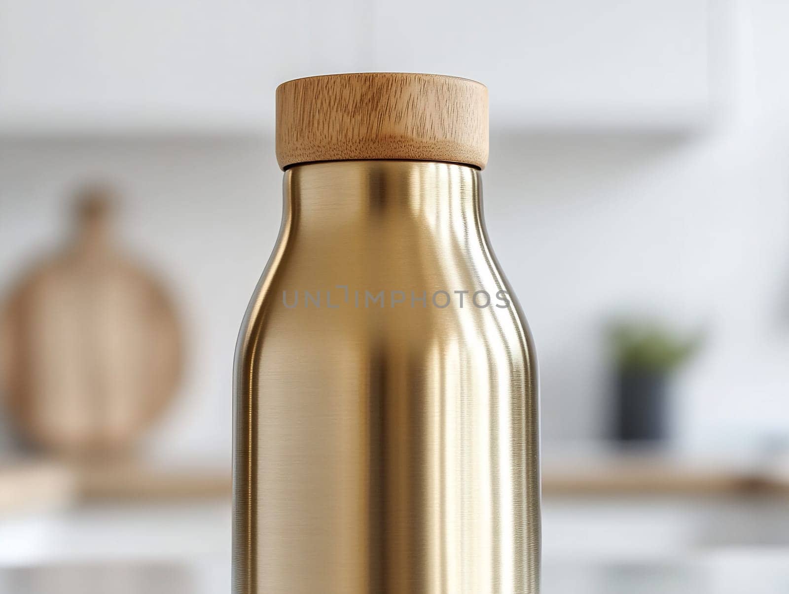 A polished metal water bottle with a wooden cap sits prominently on a kitchen counter, showcasing its modern design and functionality.
