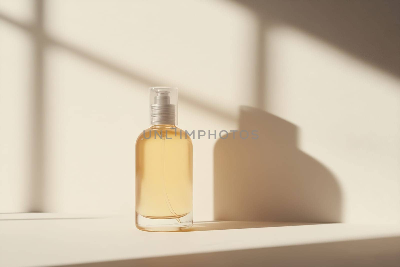 A glass bottle filled with golden oil sits on a shelf, illuminated by soft sunlight creating a gentle shadow.