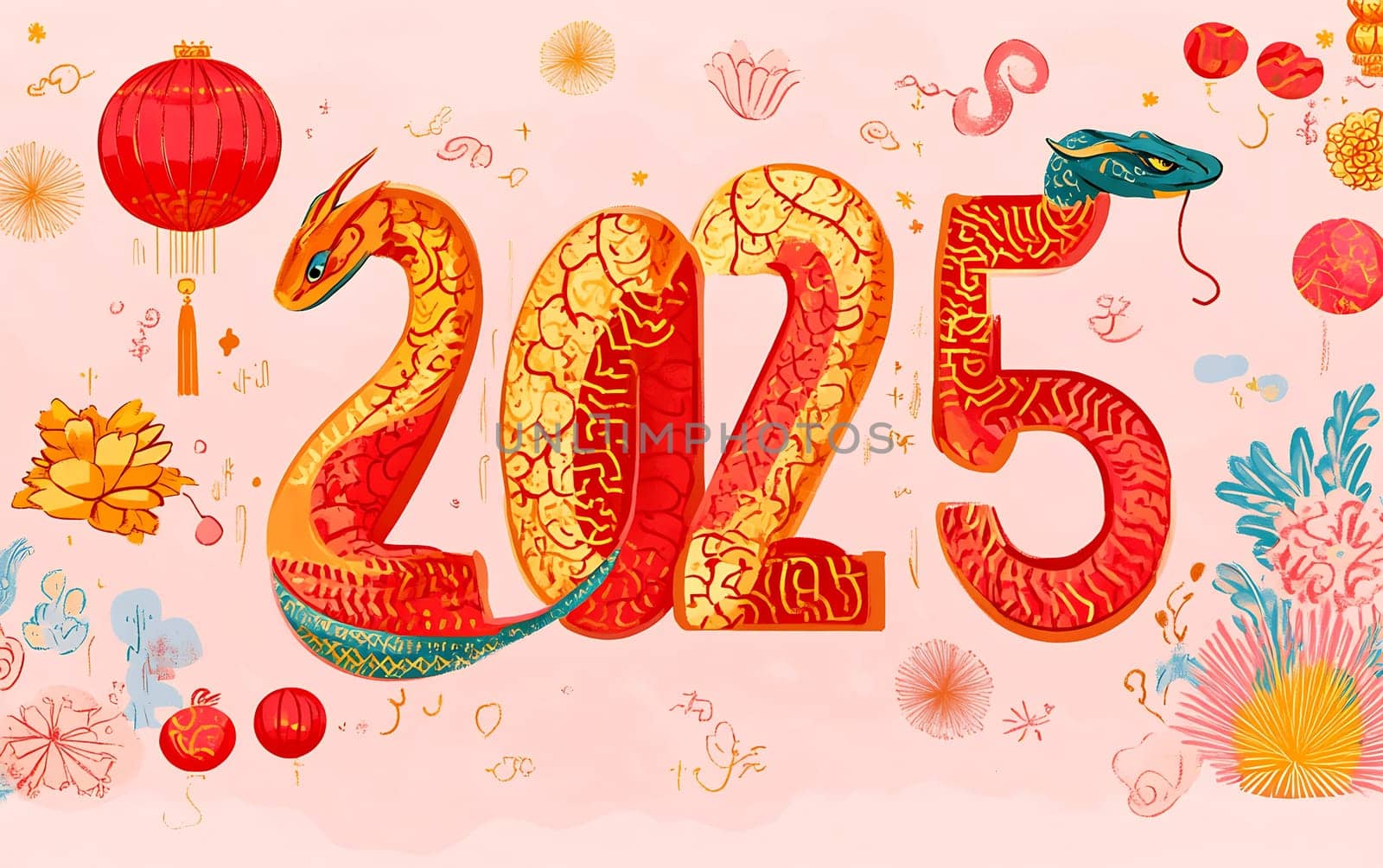 A colorful illustration celebrating the Lunar New Year, featuring a snake, traditional lanterns, and the year 2025 prominently displayed.