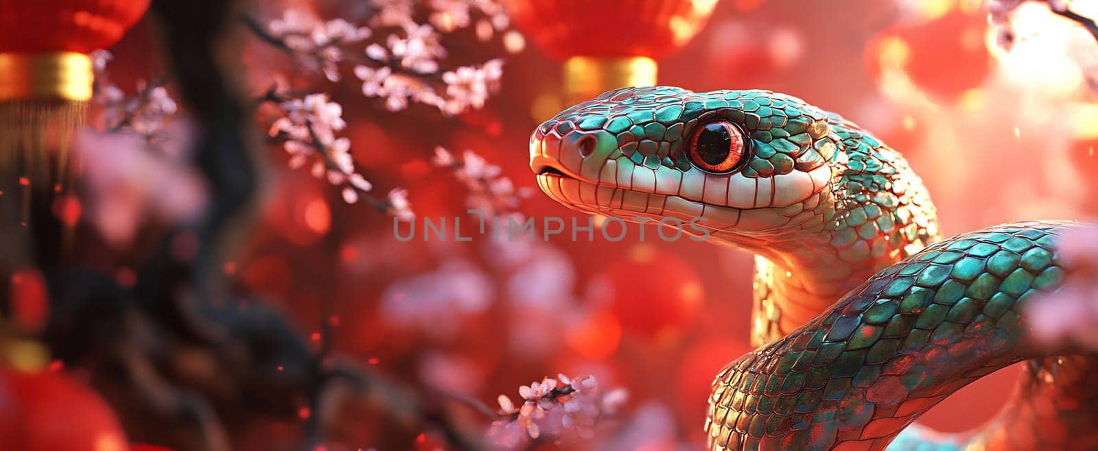 A vibrant snake slithers gracefully among cherry blossoms and glowing lanterns during a festive celebration.