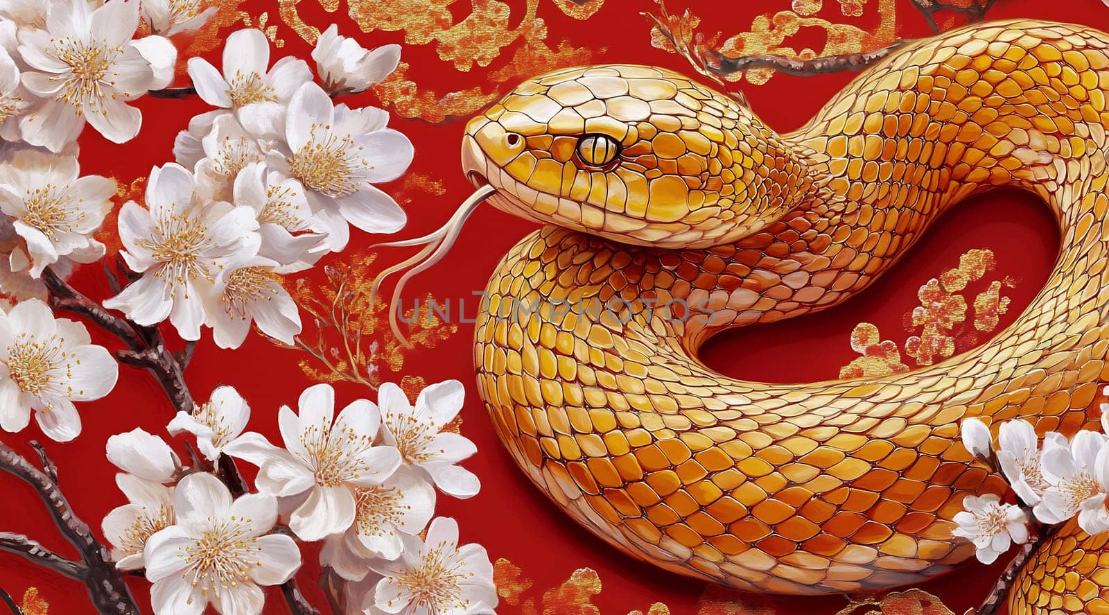A golden snake weaves through delicate cherry blossoms, highlighting the vibrant contrast against a red background.