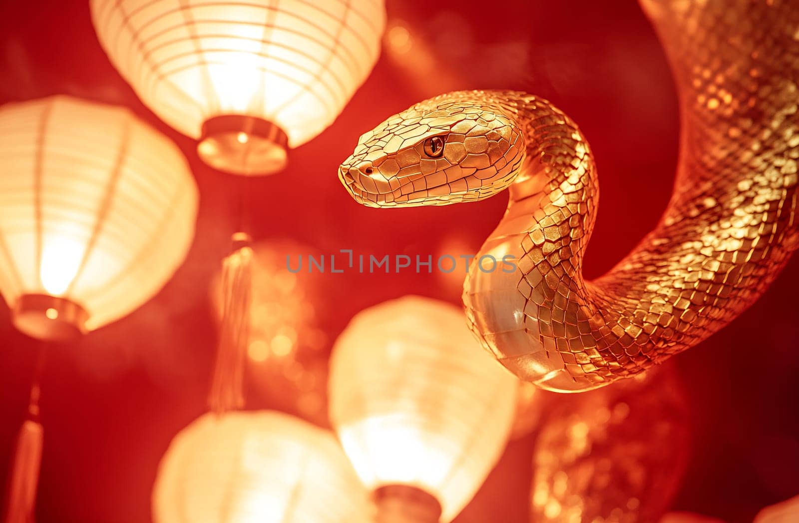 A stunning golden serpent is elegantly coiled around glowing lanterns, creating a mesmerizing ambiance during a festive celebration.